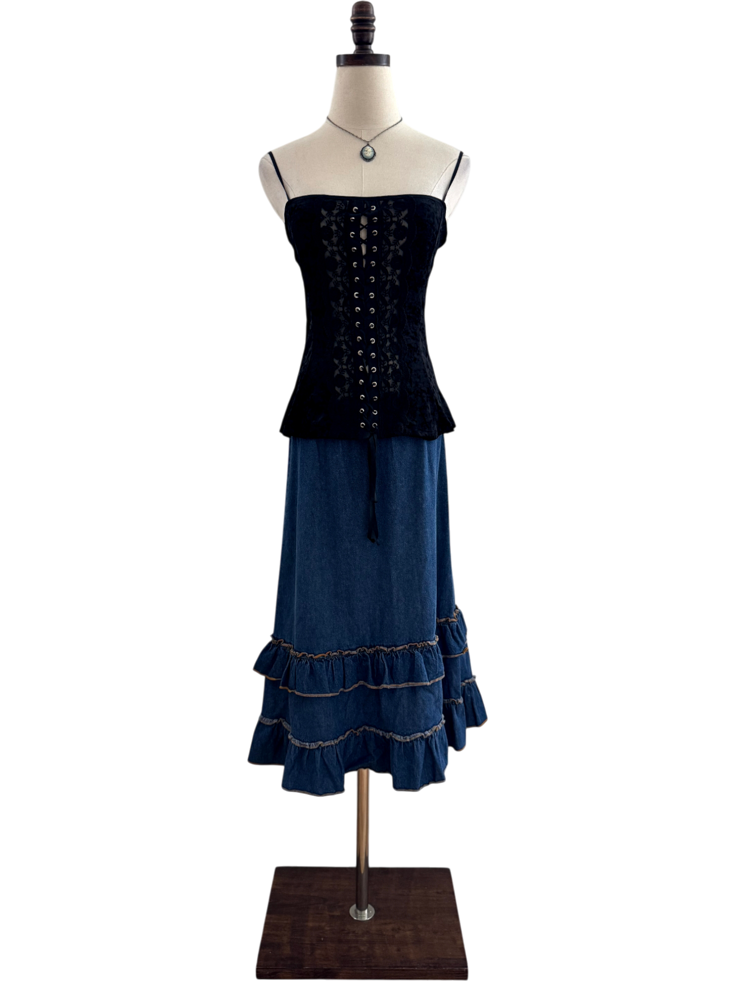 Vintage 90s Ruffled Denim Midi Skirt (M)