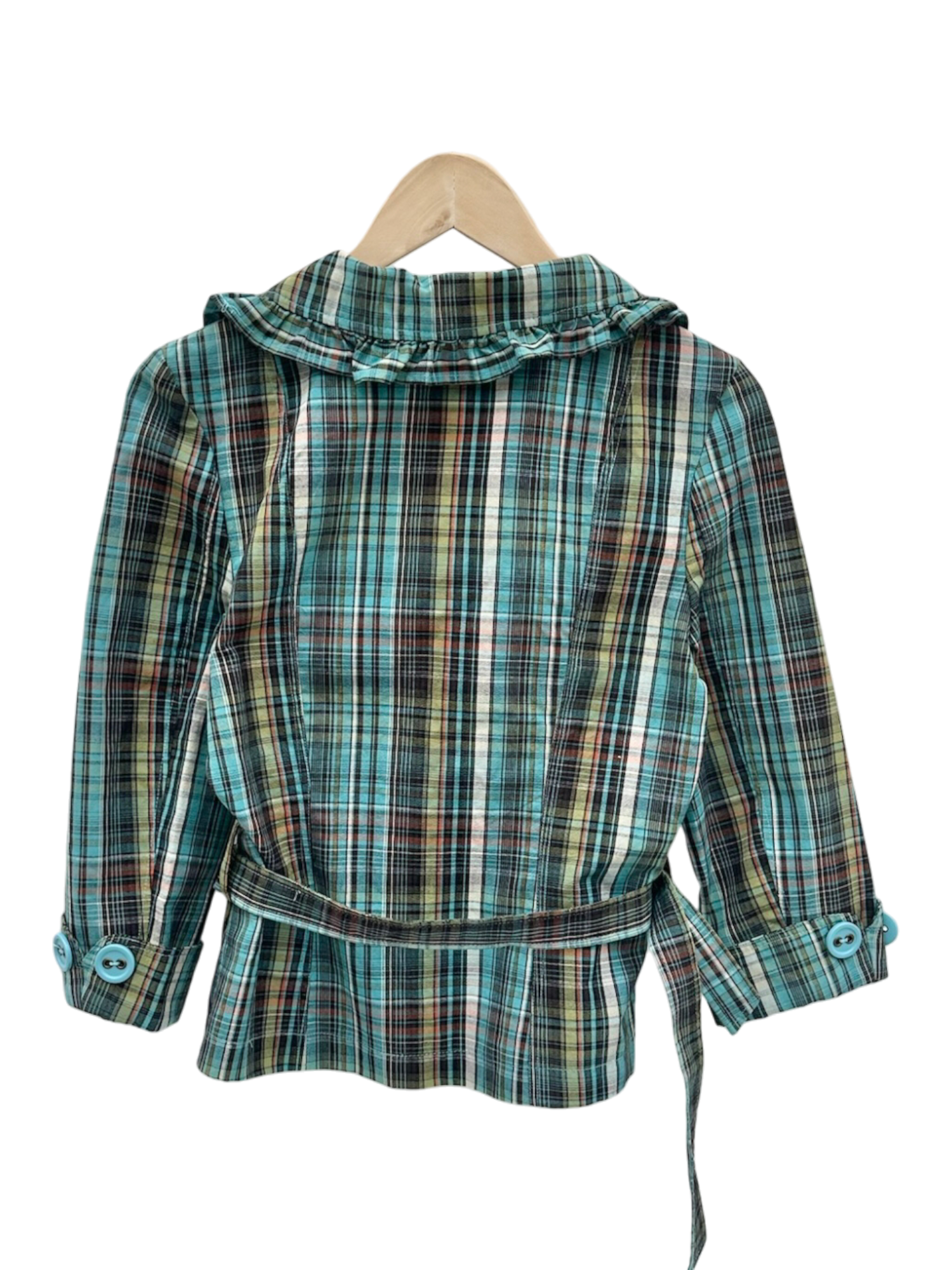 Vintage 90s Teal Plaid Ruffle-Trim Blazer (M)