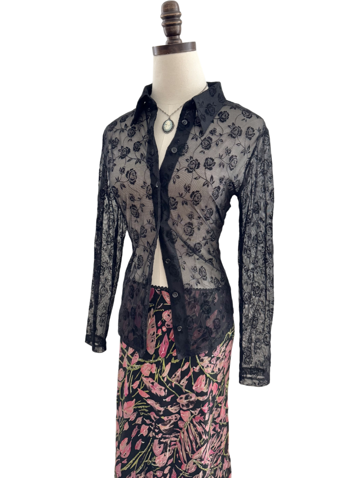 Vintage 90s BEBE Floral Mesh Button Up (M)