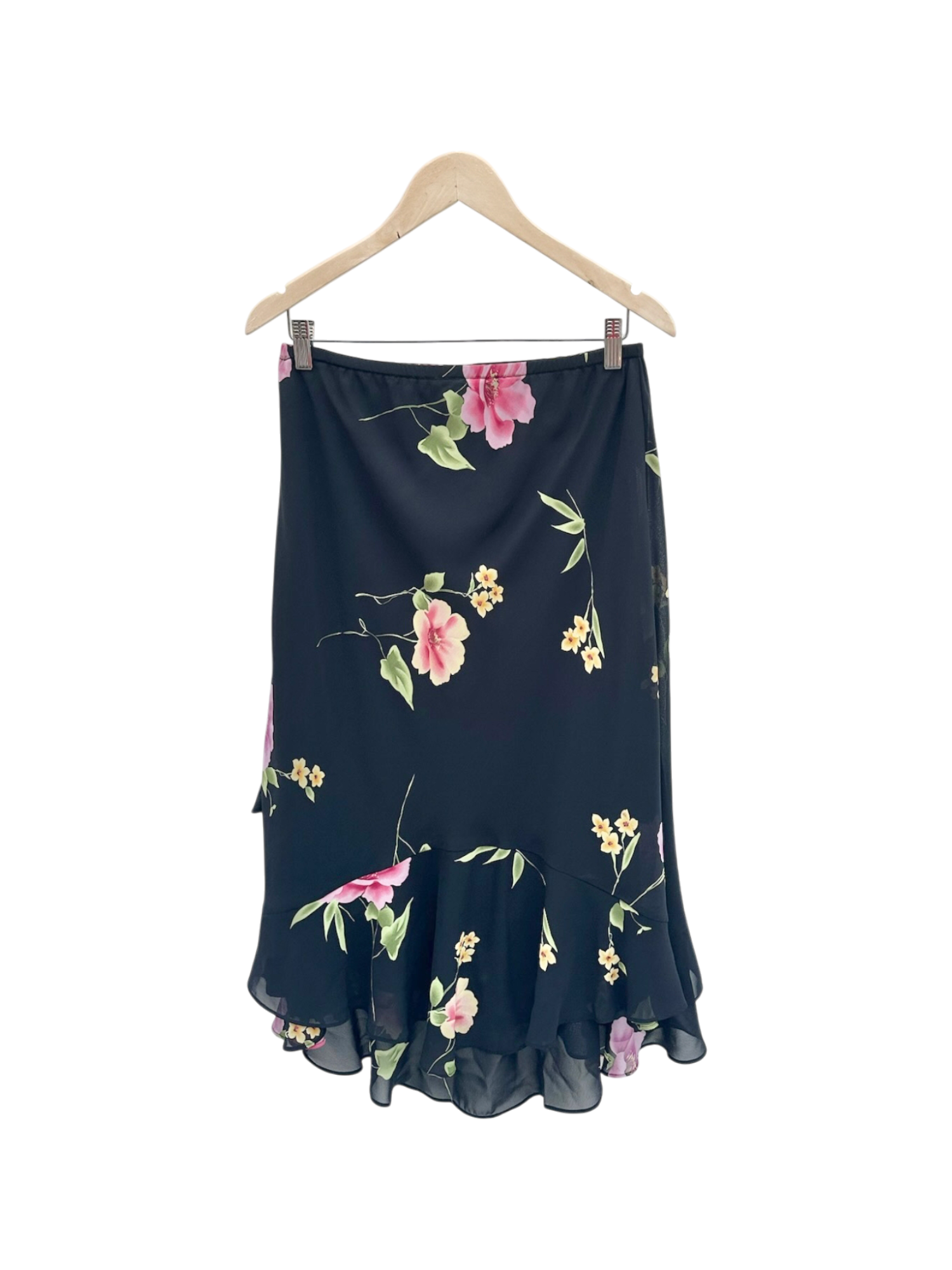 Vintage 90s Retro Ruffled Floral Midi Skirt (M)