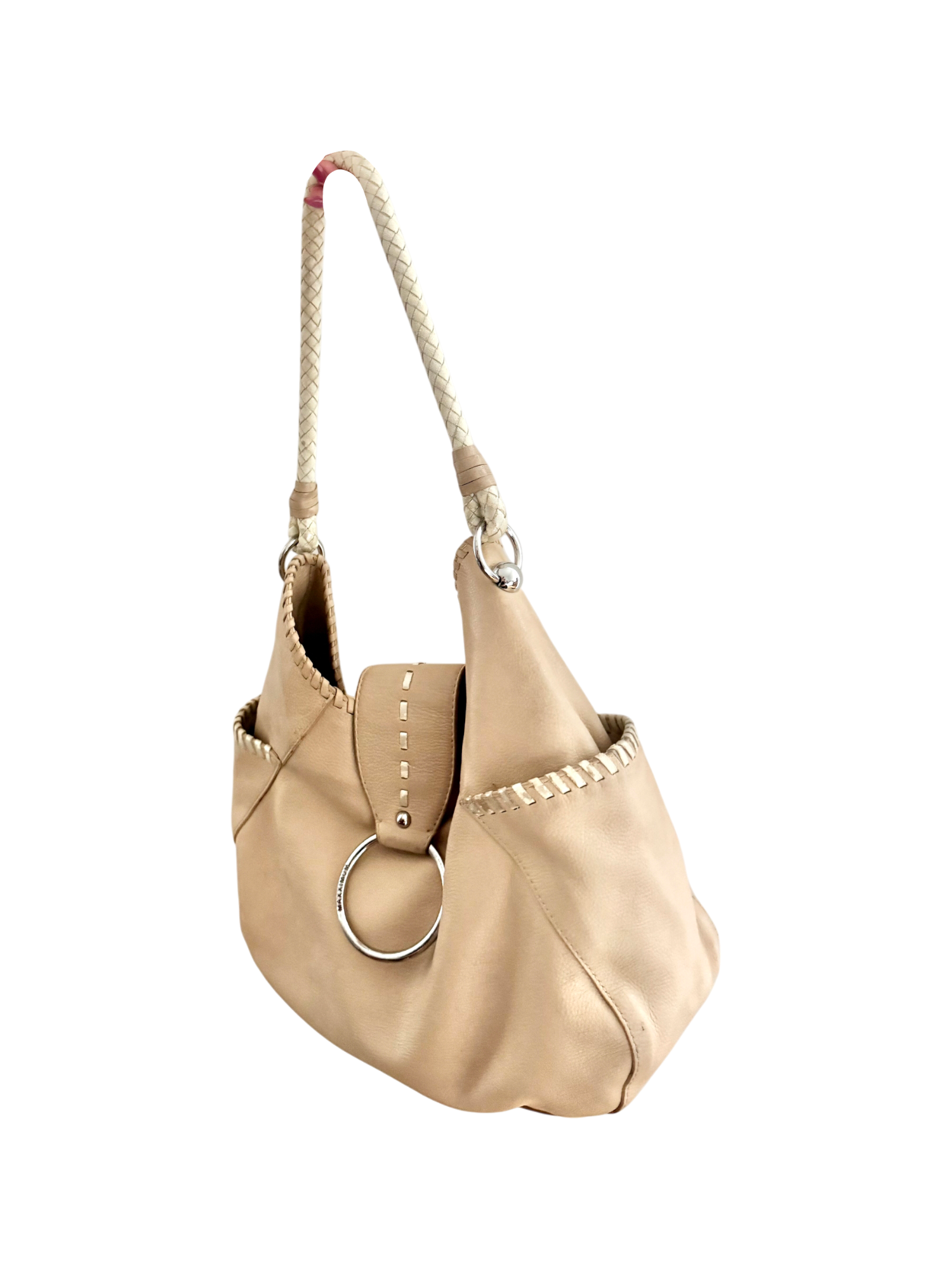 Vintage Y2K Soft Beige Leather Ring Hobo Bag