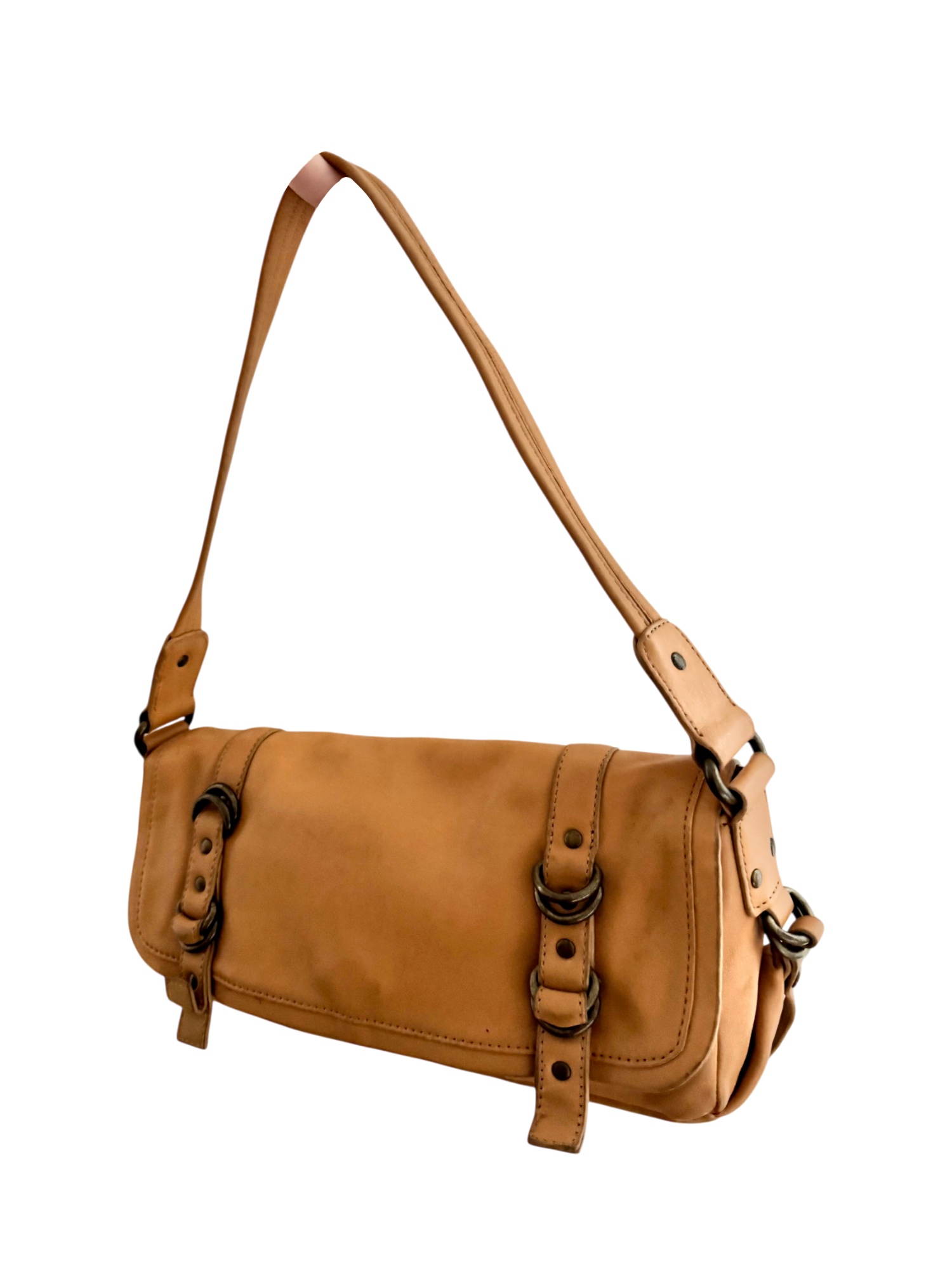 Vintage 90s Tan Leather Buckle Shoulder Purse