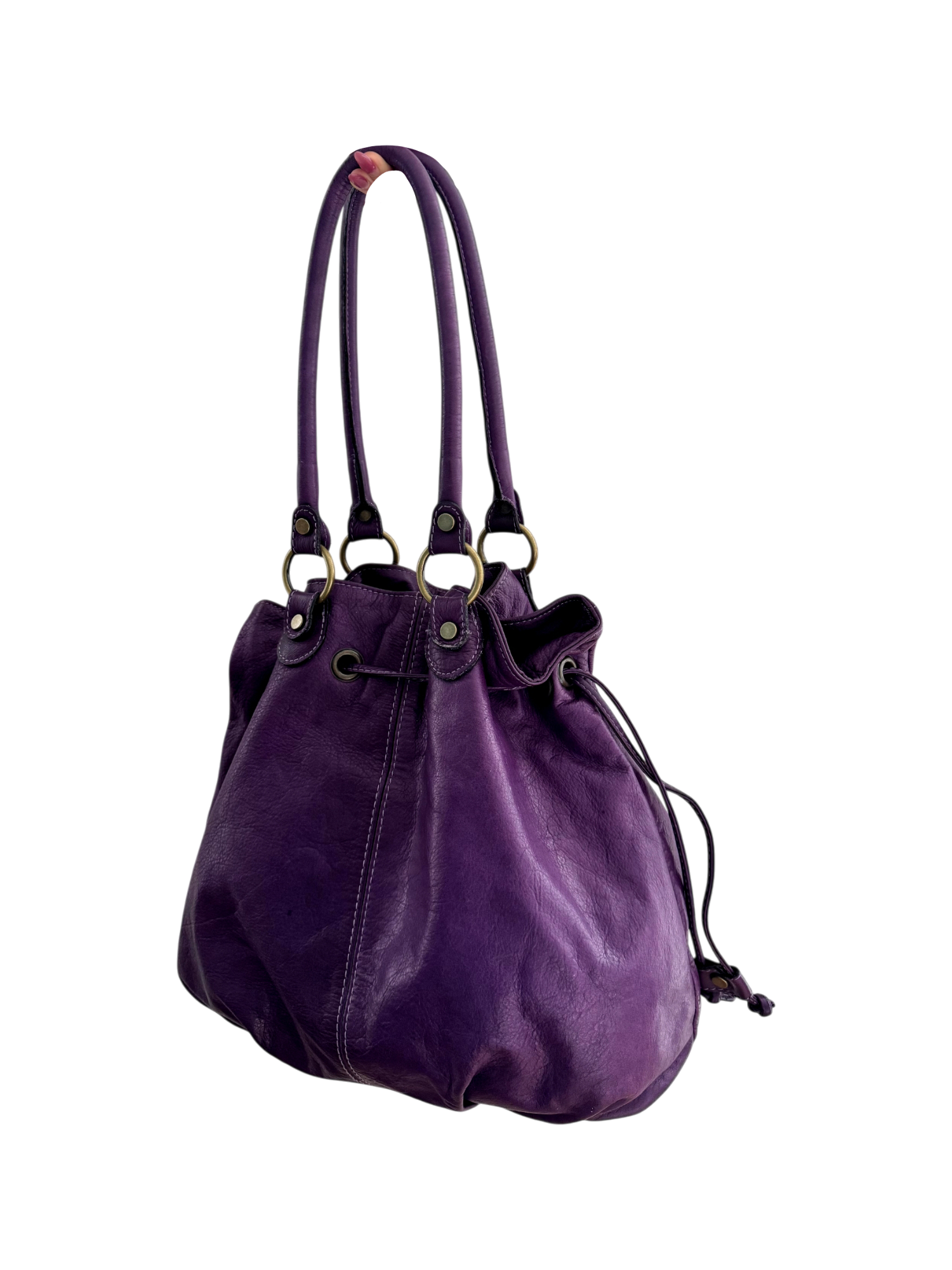 Vintage Slouchy Eggplant Leather Drawstring Bucket Bag