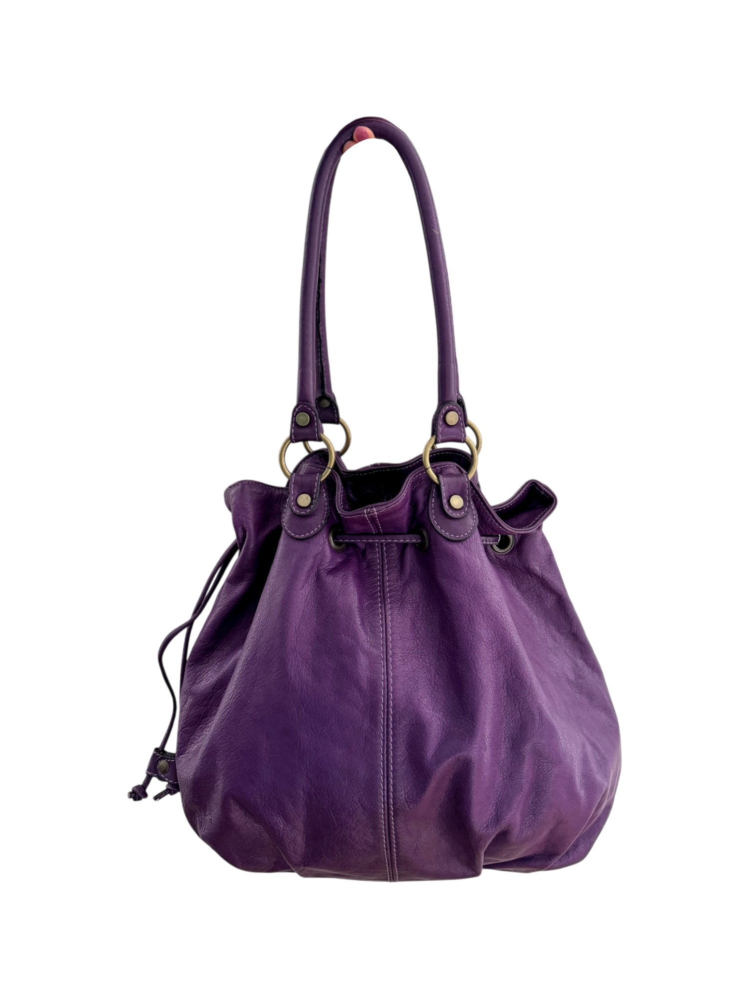 Vintage Slouchy Eggplant Leather Drawstring Bucket Bag