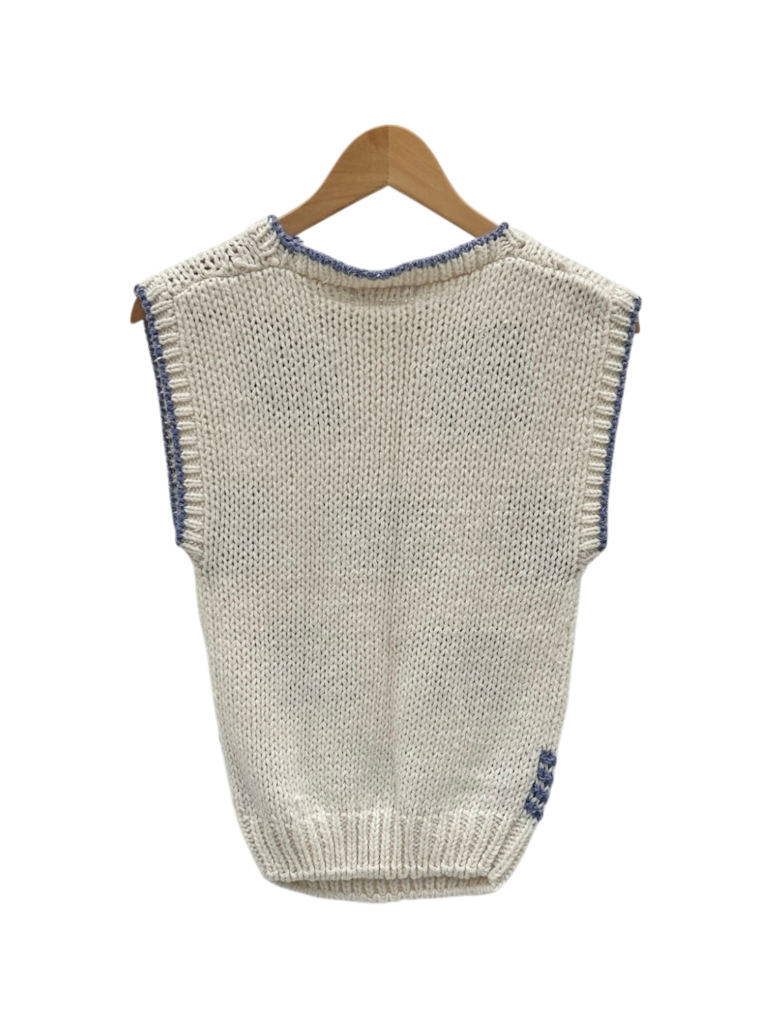 Vintage Hand-Knit Cream & Periwinkle Checkered Vest (S/M)