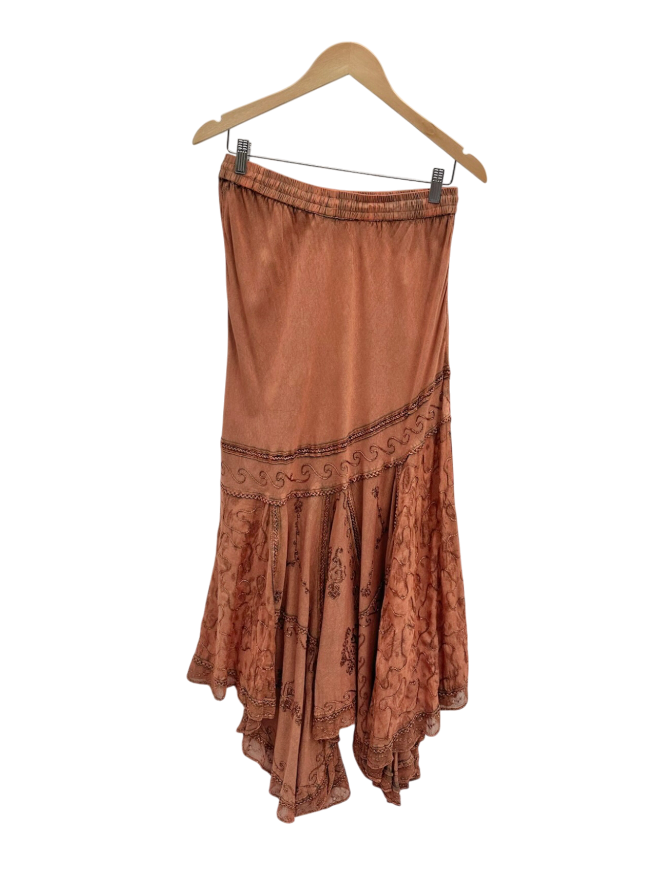 Vintage Boho Embroidered Terracotta Drawstring Skirt (M)