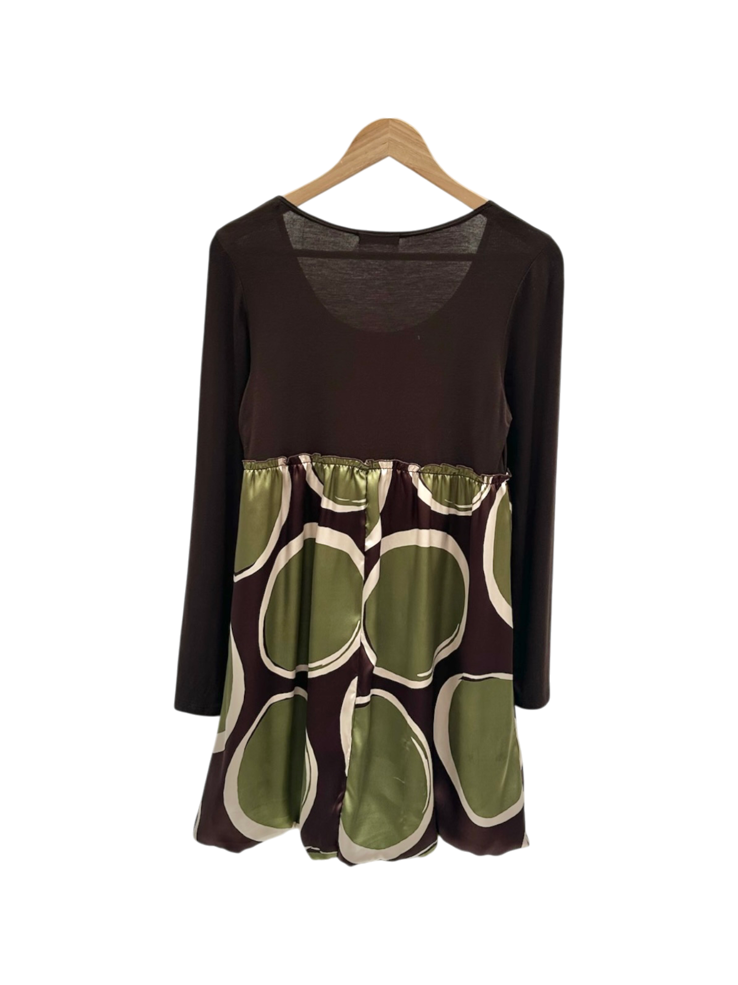 Vintage 90s Mod Brown & Green Geometric Bubble-Hem Dress (M)