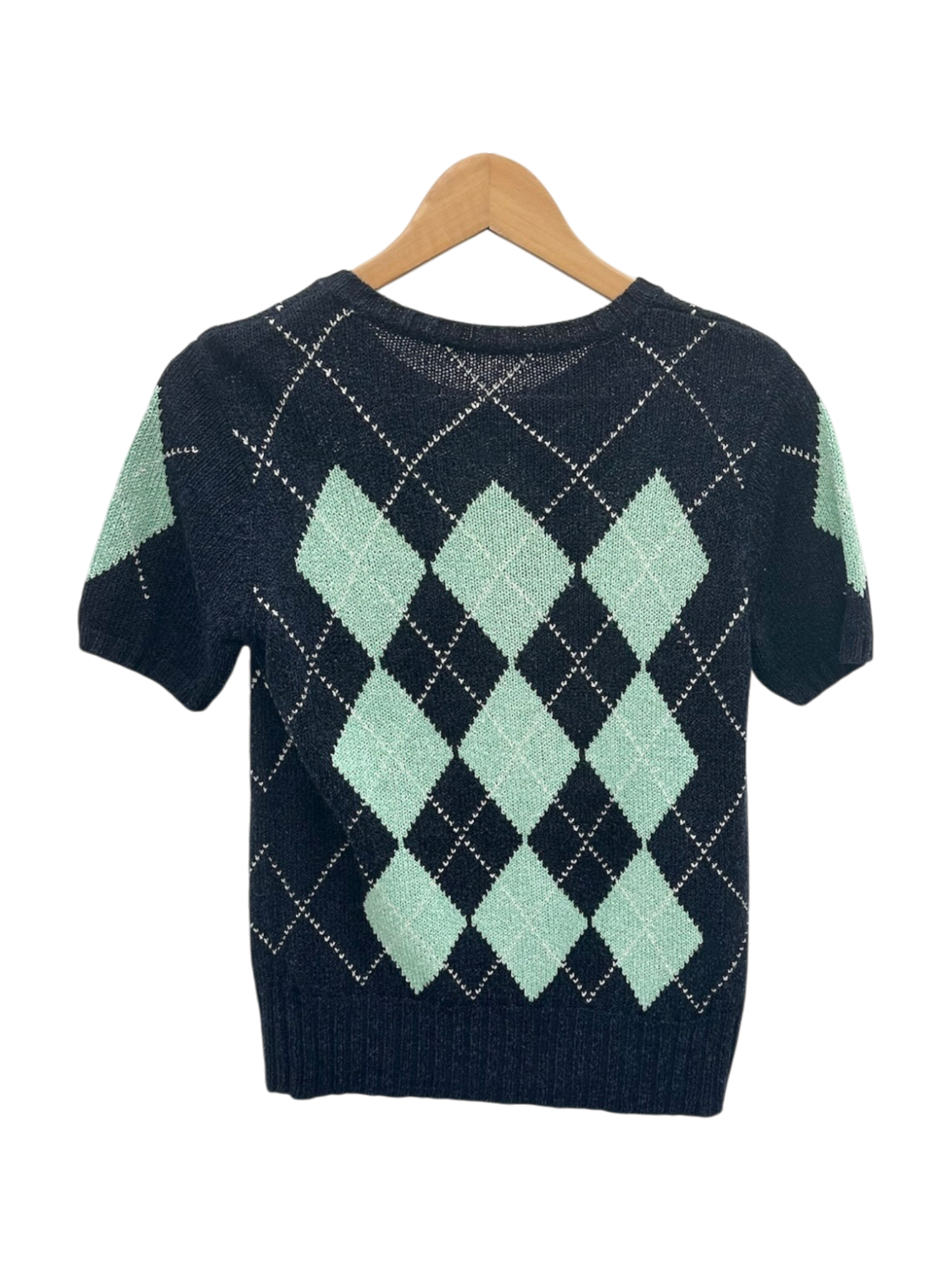 Vintage Mint Argyle Knit Short-Sleeve Sweater (M)
