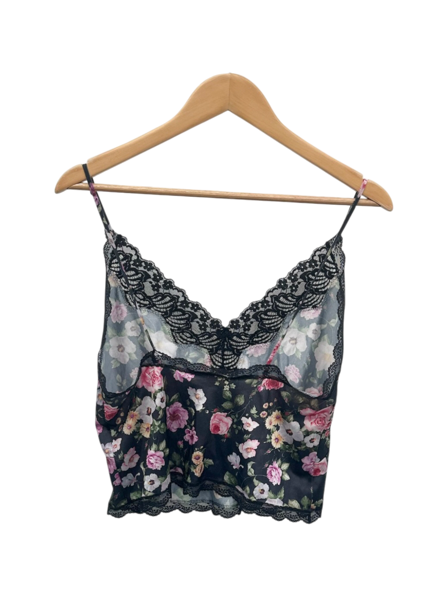 Vintage 90s Black Floral Lace-Trim Camisole (L)