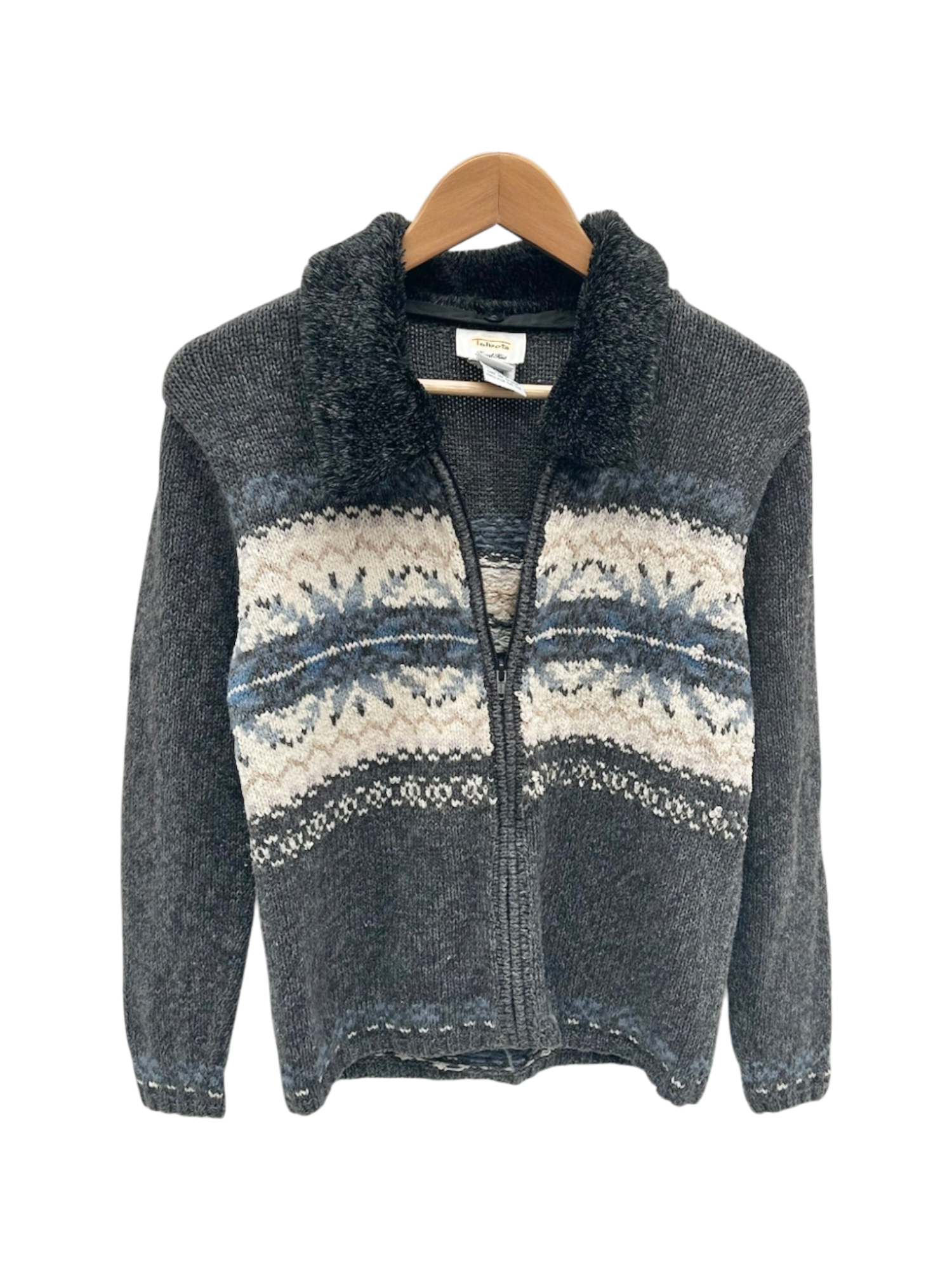 Vintage 90s Cozy Grey Fair Isle Zip-Up Sweater (S/M)