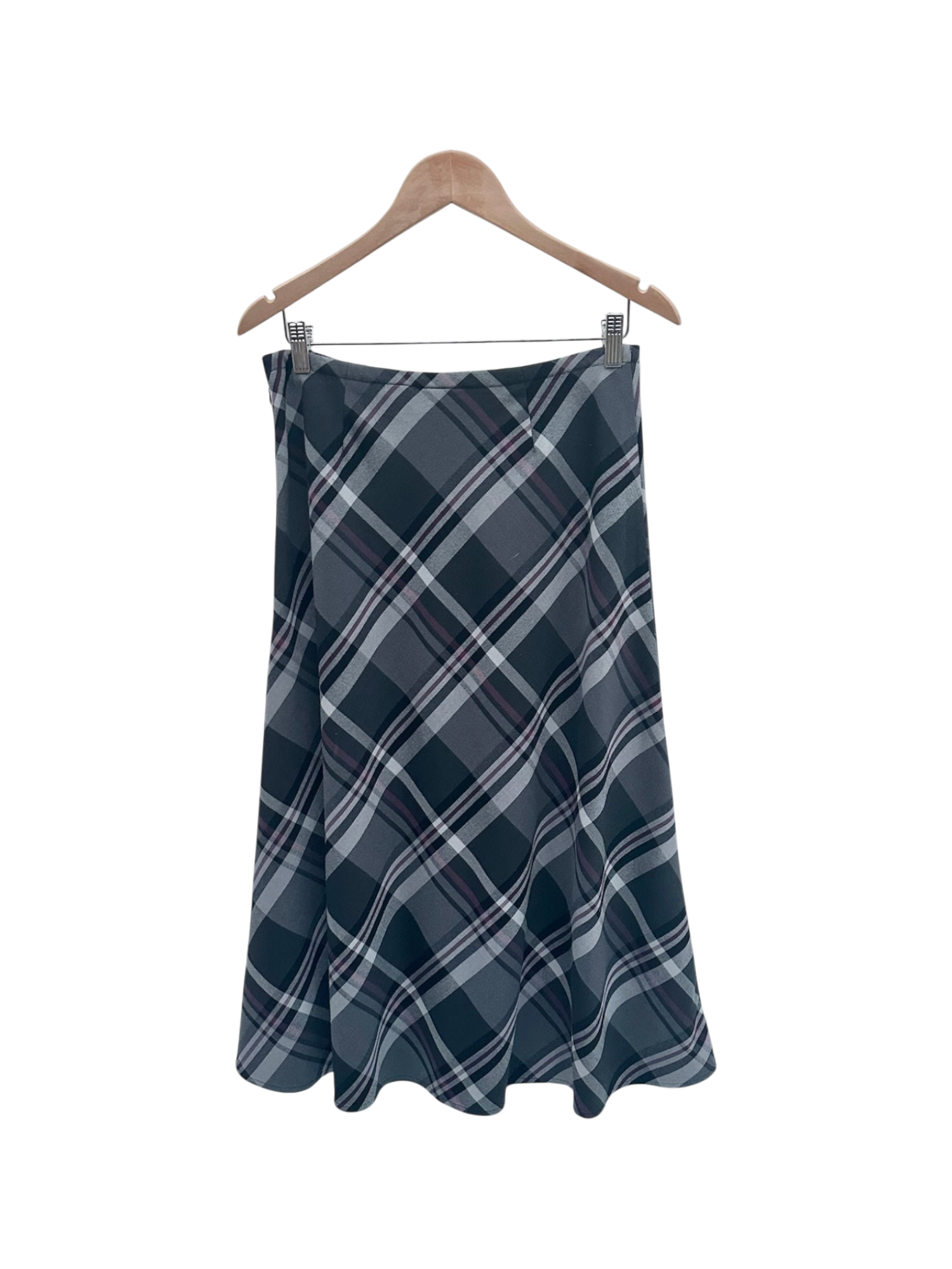 Vintage Gray Plaid Bias-Cut Midi Skirt (S/M)