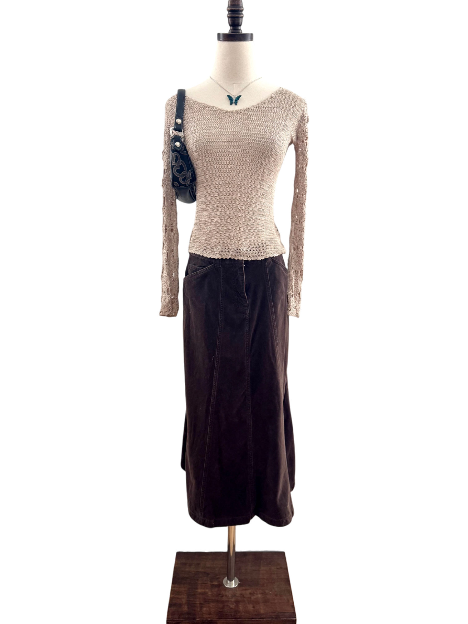 Vintage 90s Crochet Sleeve Taupe Knit (S)