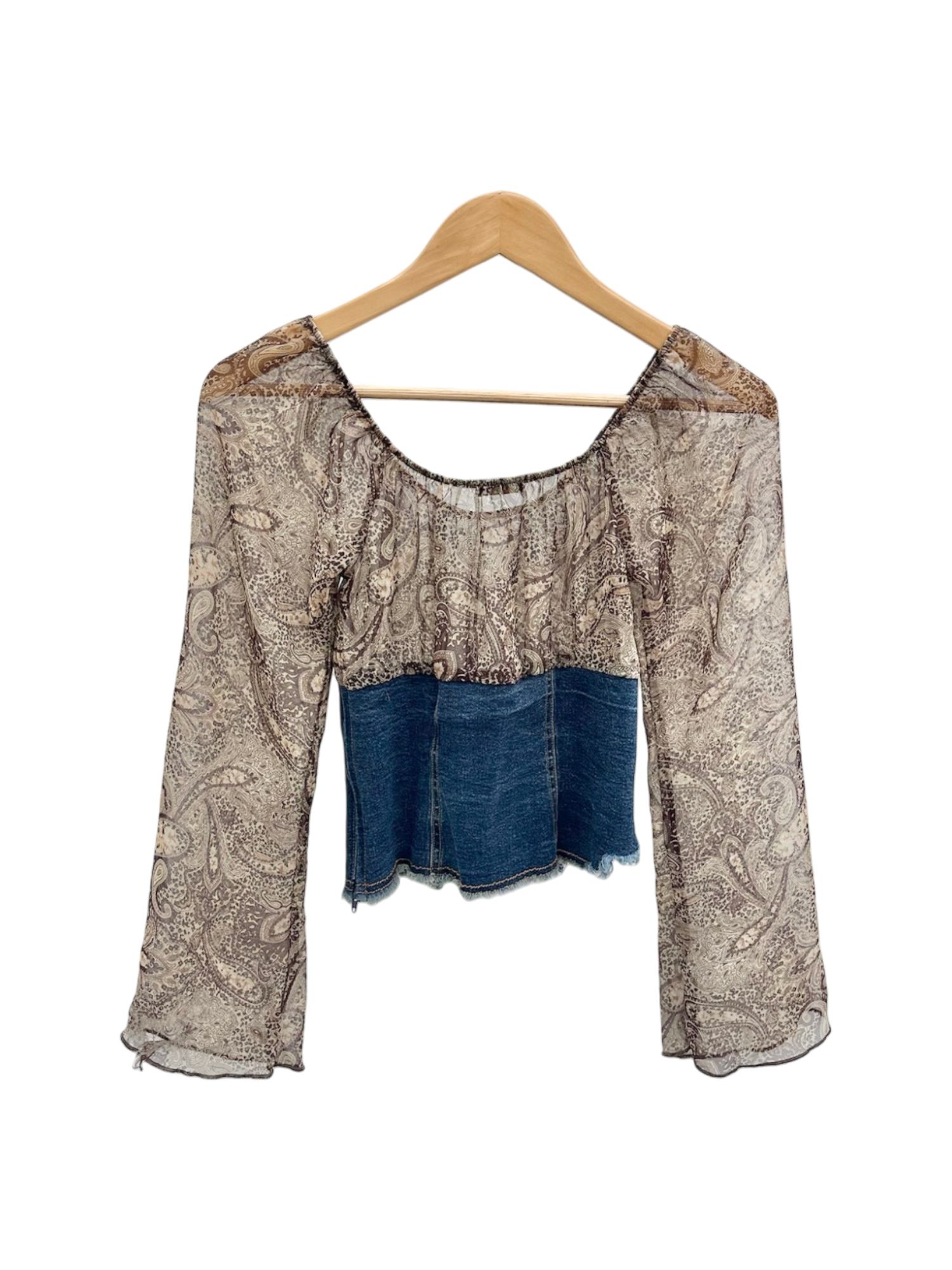 Vintage 90s Sheer Paisley Lace Up Denim Blouse (S)