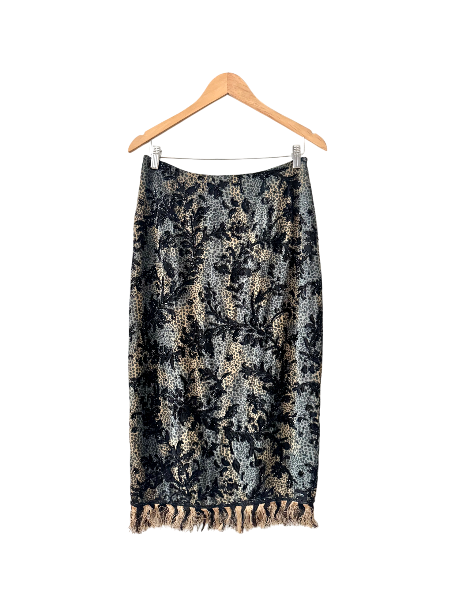 Vintage 90s Noir Fringe Beaded Midi Skirt (M)