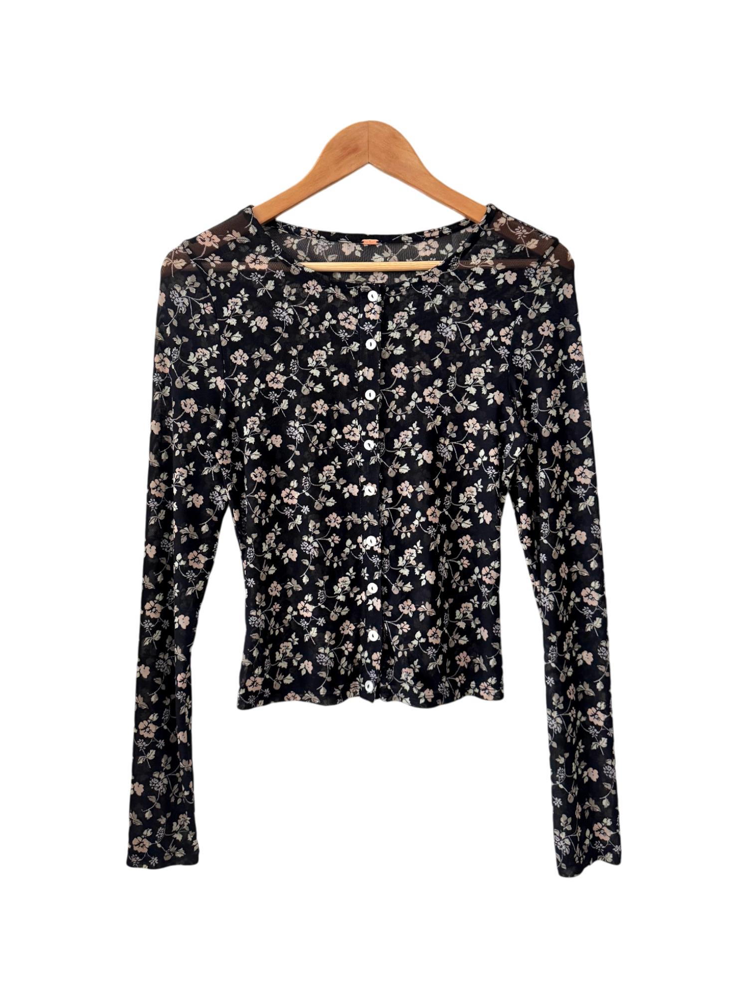 Retro Free People Midnight Floral Sheer Button Top (S/M)