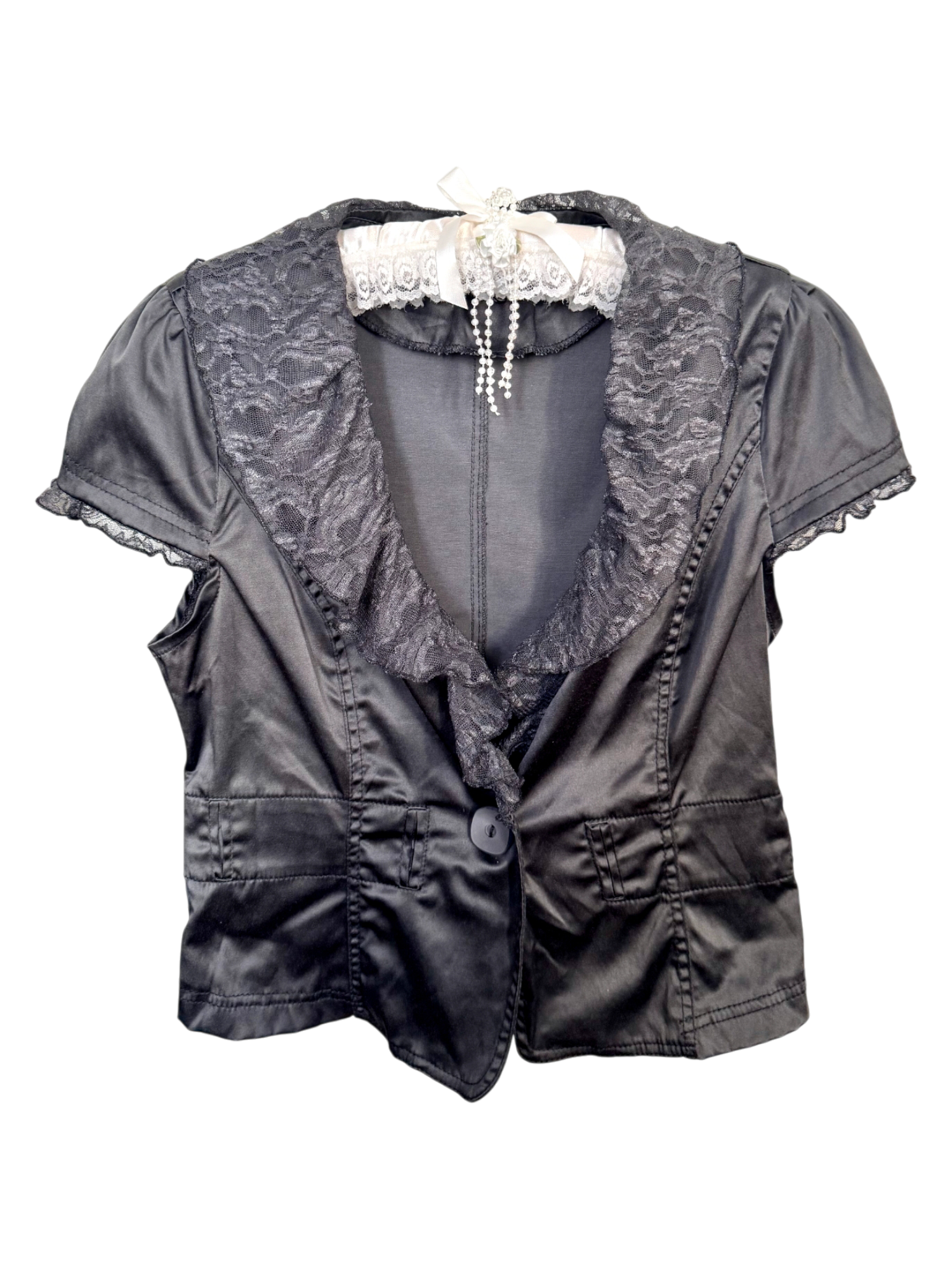 Vintage 90s Midnight Lace Trim Blouse (M)