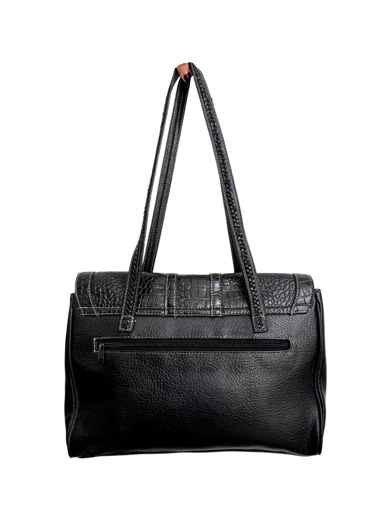 Vintage 90s Retro Black Croc-Trim Satchel