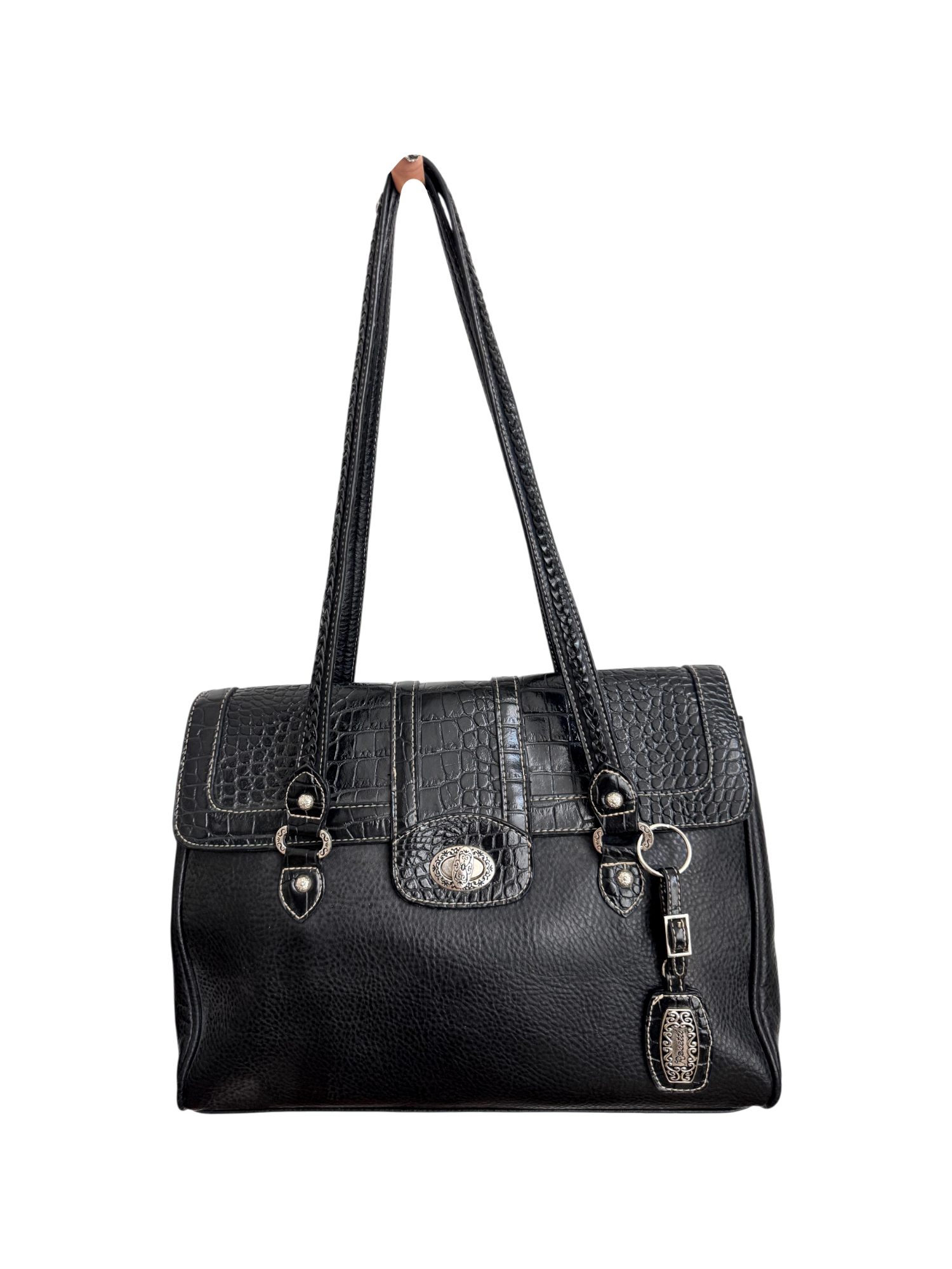 Vintage 90s Retro Black Croc-Trim Satchel