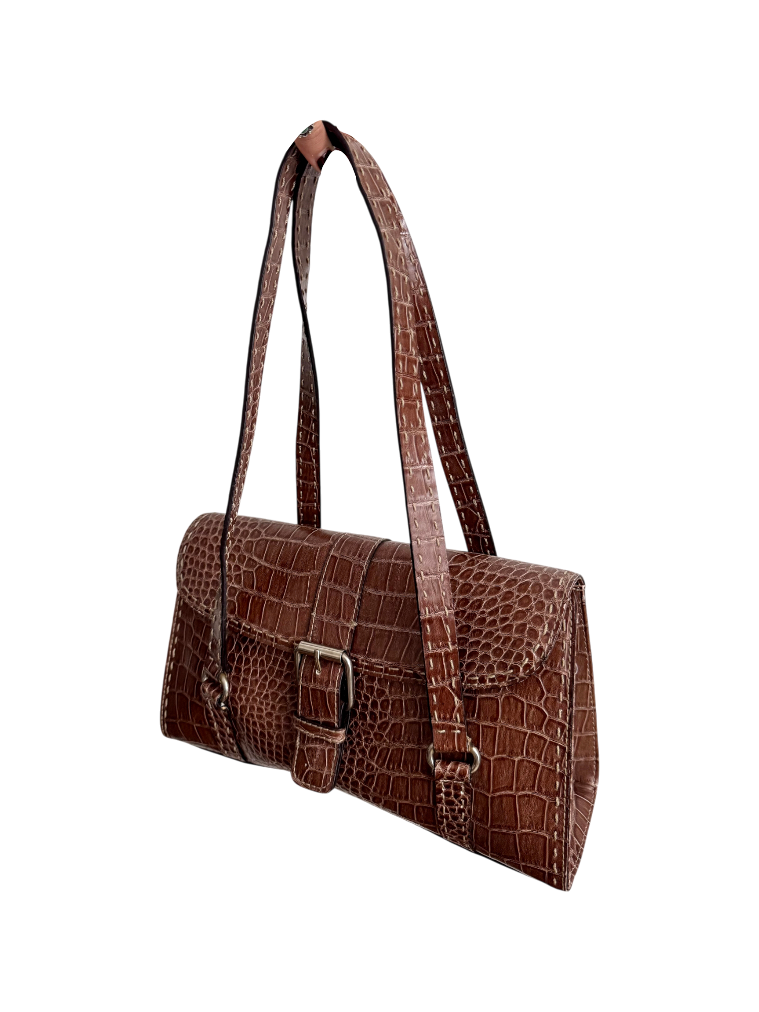 Vintage Y2K Chestnut Croc Buckle Structured Shoulder Bag