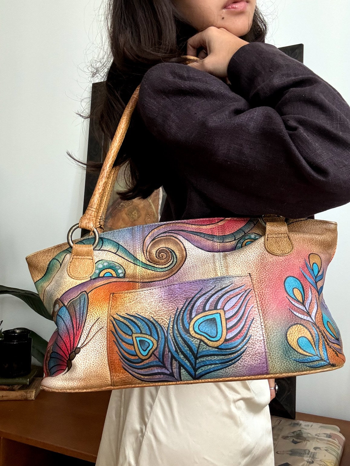 Retro Handpainted Butterfly Leather Tote
