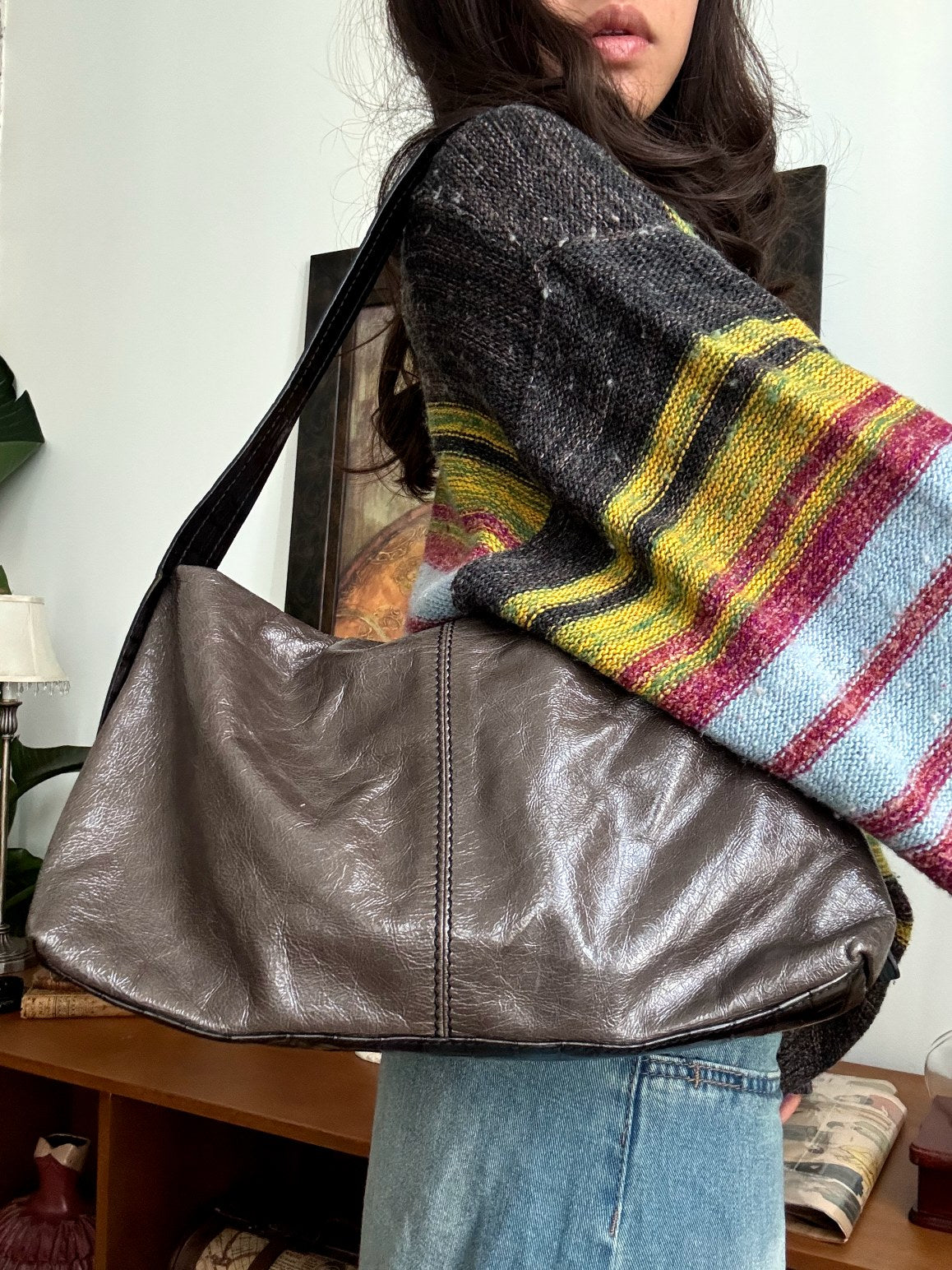 Vintage 90s Leather Mocha Croc-Strap Shoulder Bag