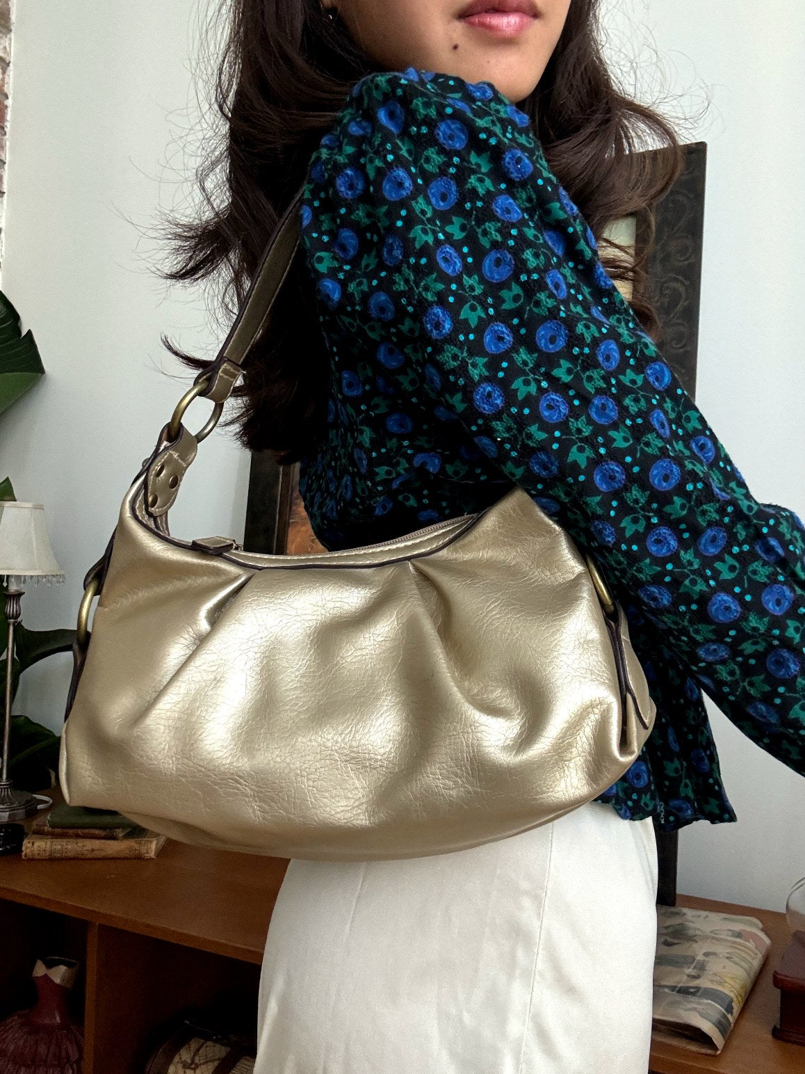 Vintage Y2K Champagne Pleated Shoulder Bag