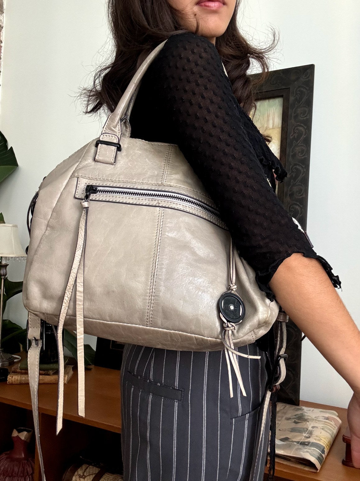 Vintage Y2K Taupe Leather Carryall Purse