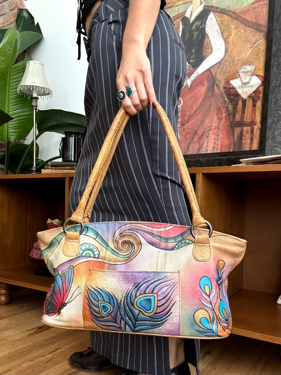 Retro Handpainted Butterfly Leather Tote