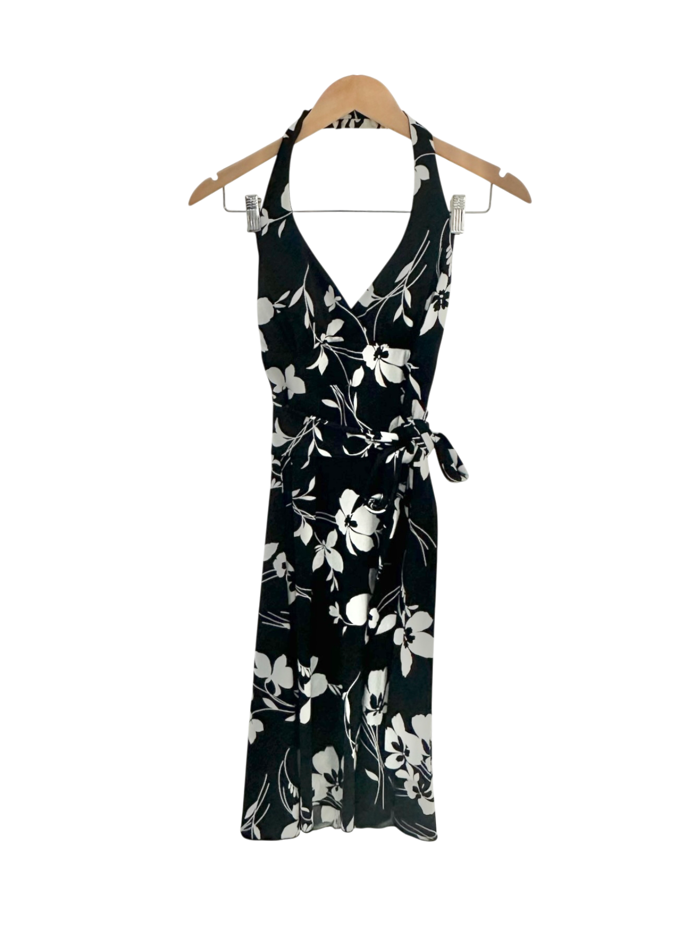 Vintage 90s Black & Ivory Floral Wrap Halter Dress (S)