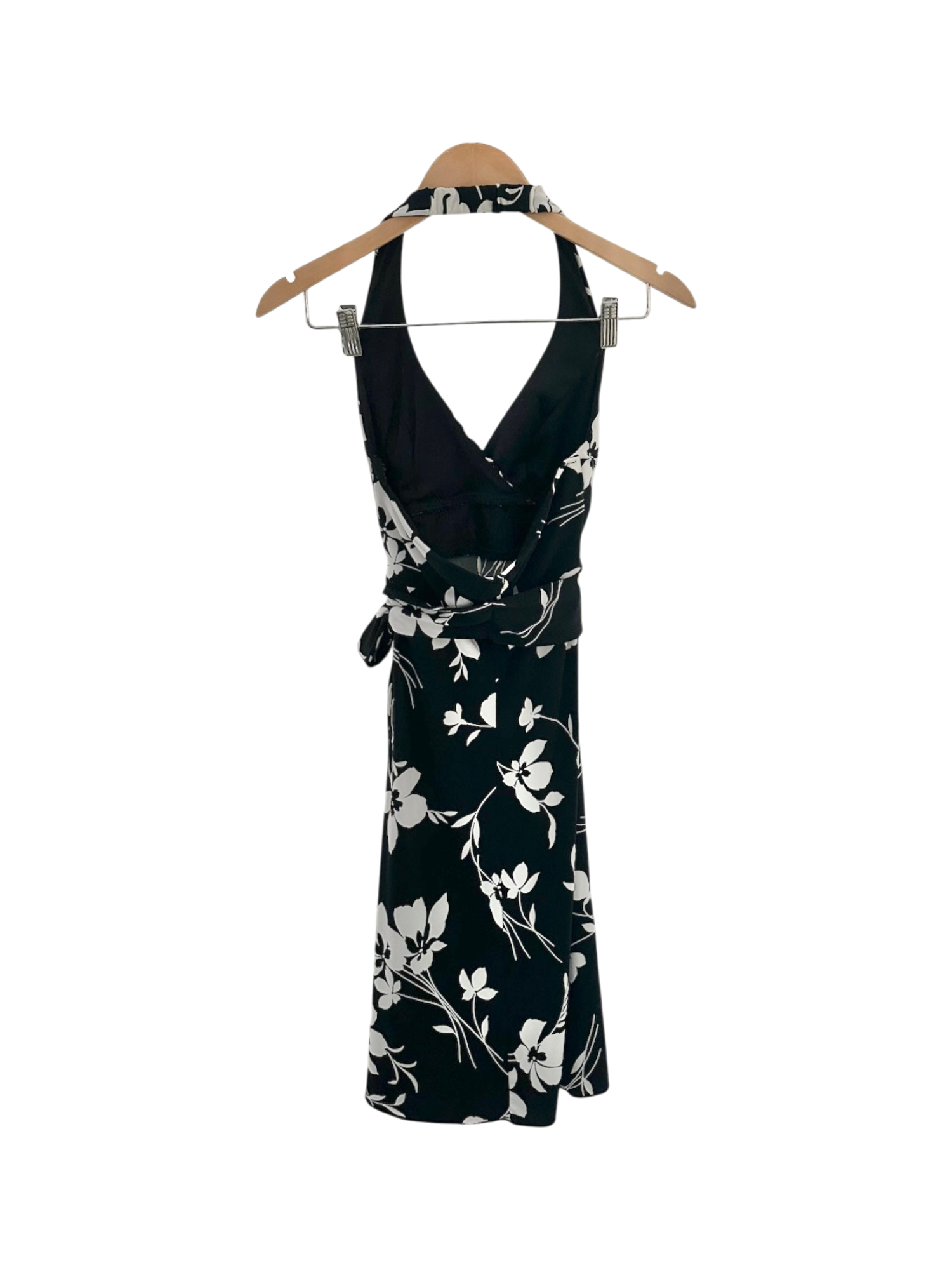 Vintage 90s Black & Ivory Floral Wrap Halter Dress (S)