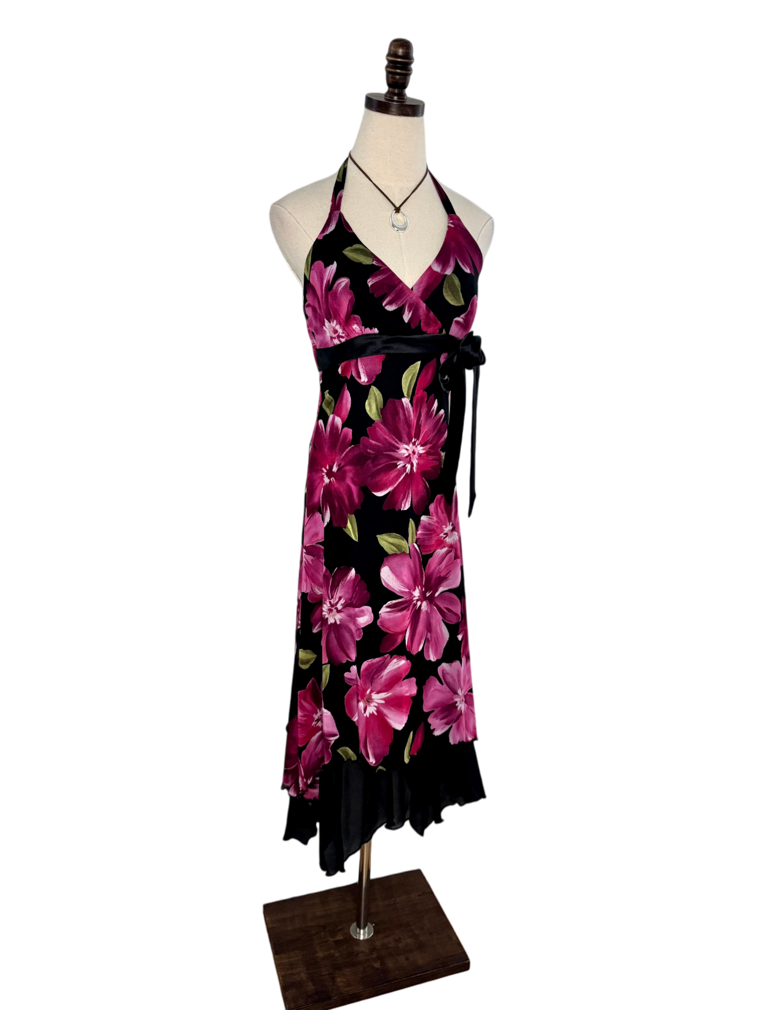 Vintage 90s Retro Floral Halter Midi Dress (M)