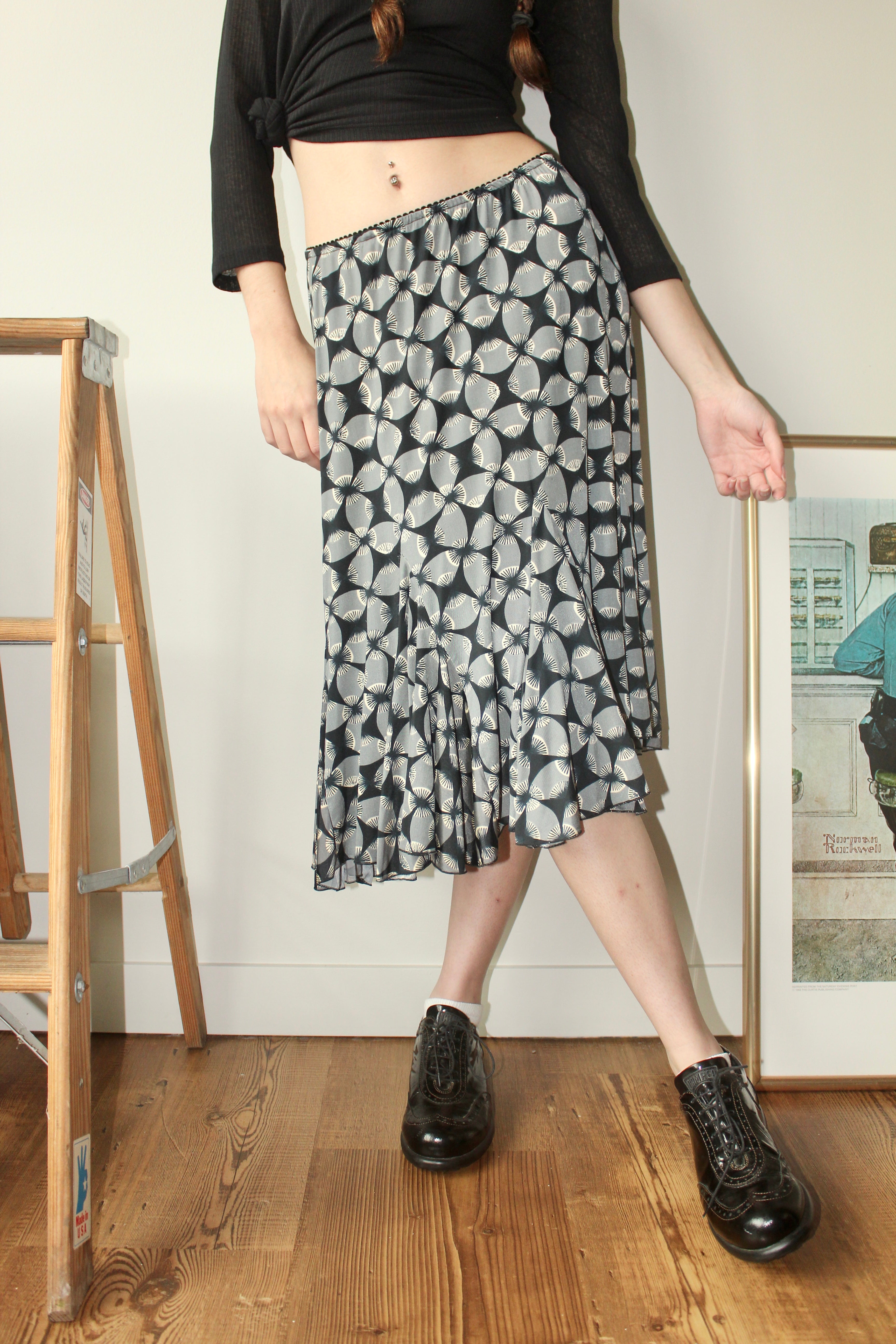 Vintage 90s Geometric Floral Midi Skirt (S-M)