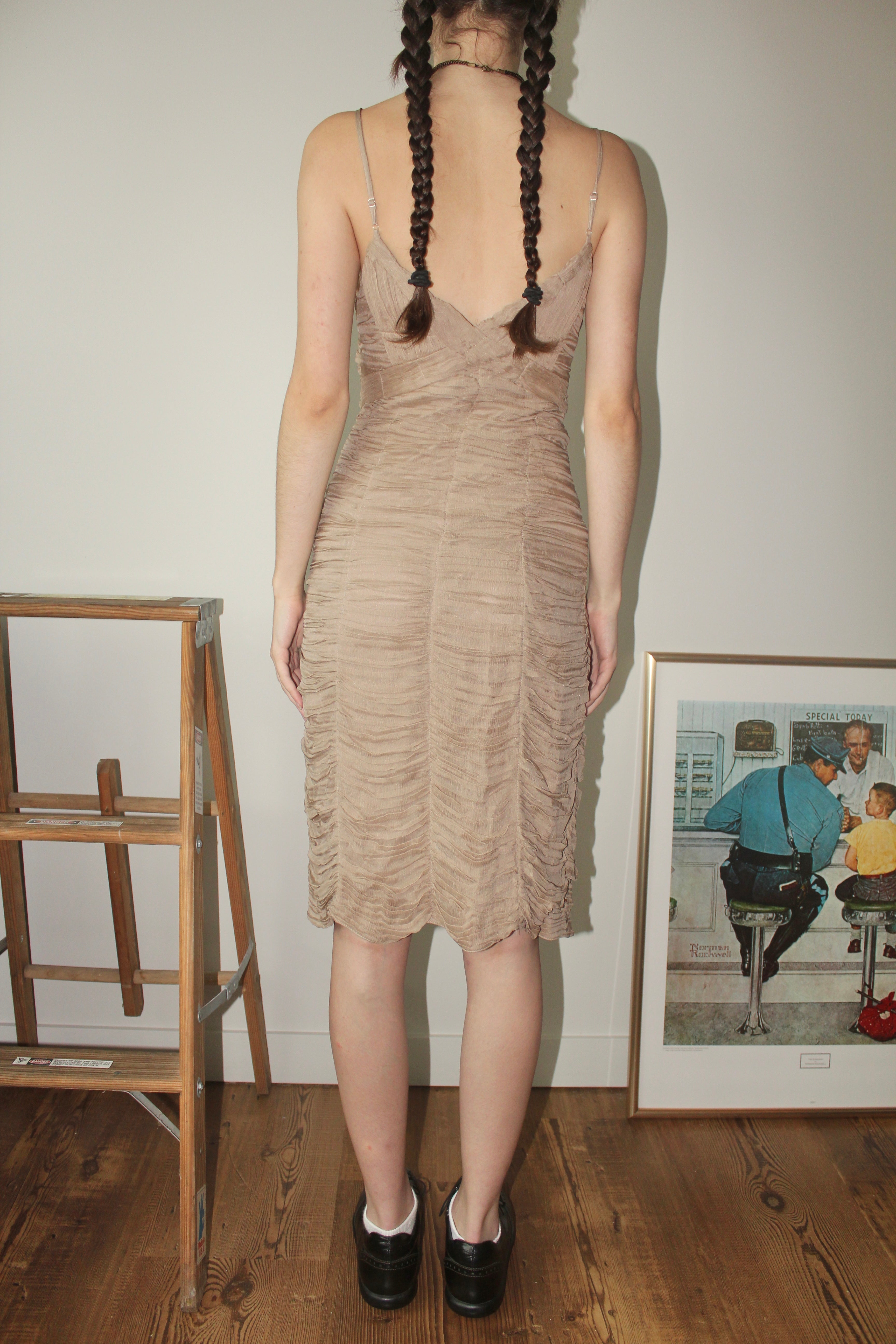 Vintage 90s Ruched Silk Taupe Midi Dress (S)