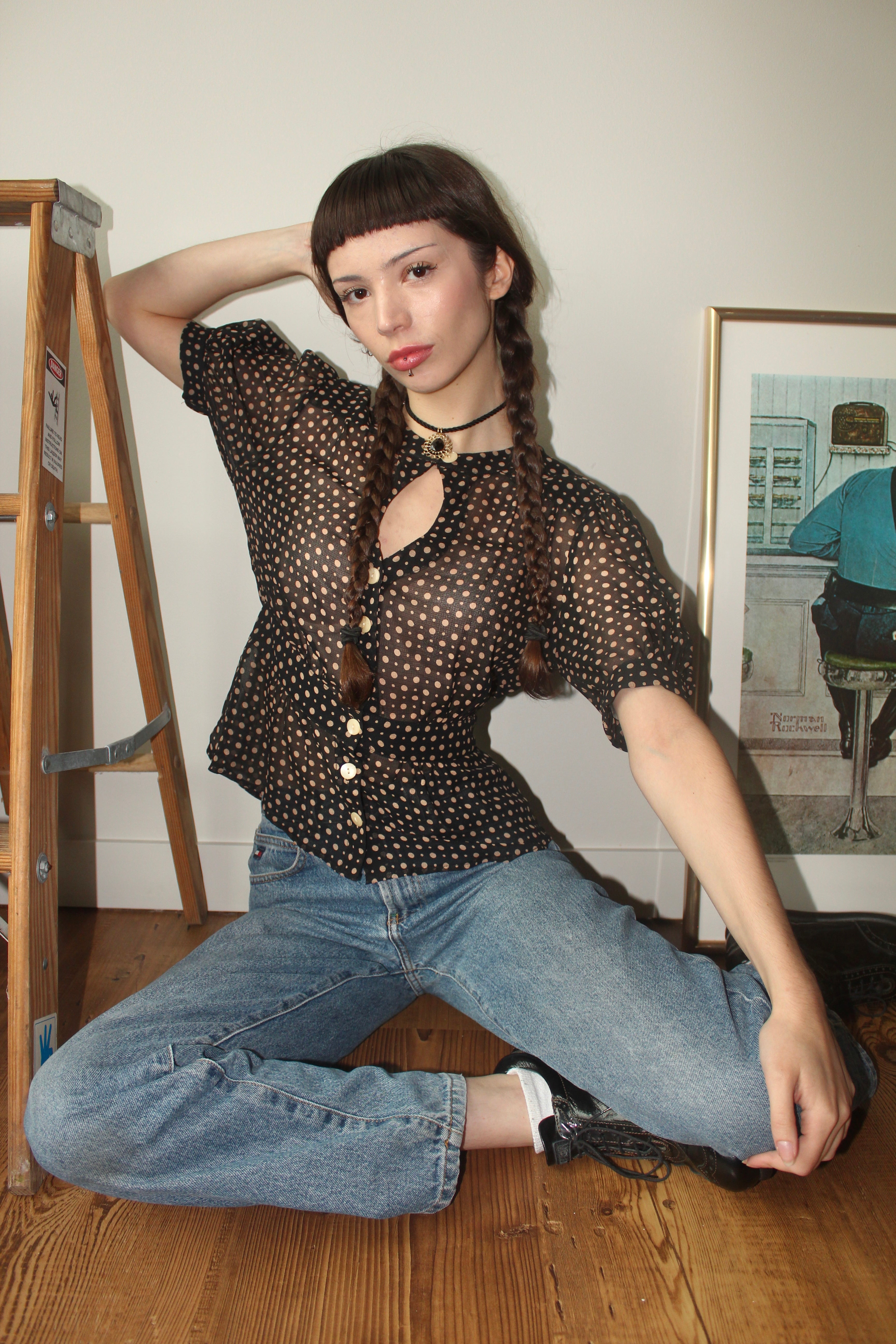 Vintage 90s Dotted Cinched Blouse (S)