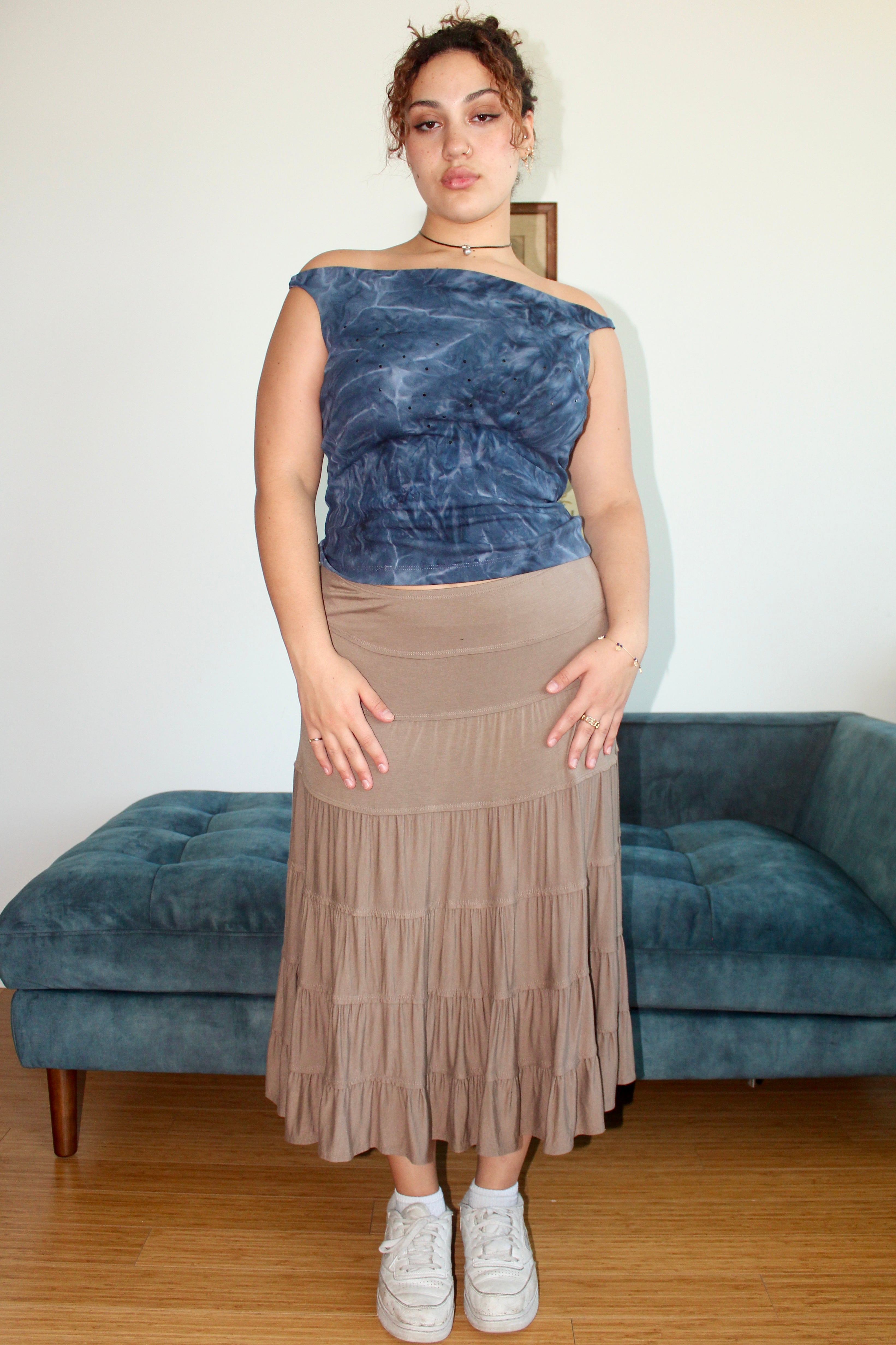 Vintage Taupe Tierred Midi Skirt (L)
