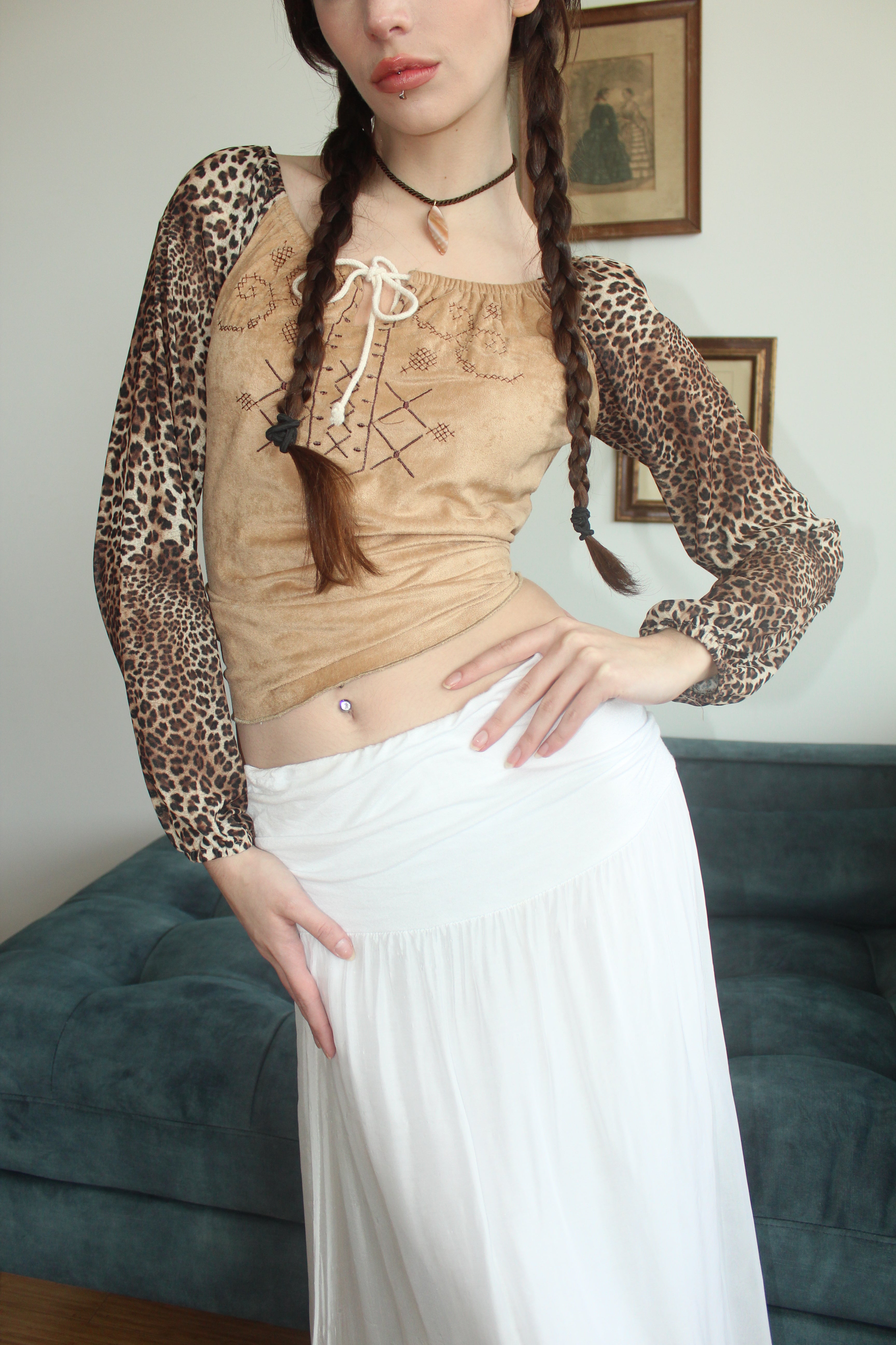 Vintage 90s Lace Up Mixed Media Blouse (S-M)