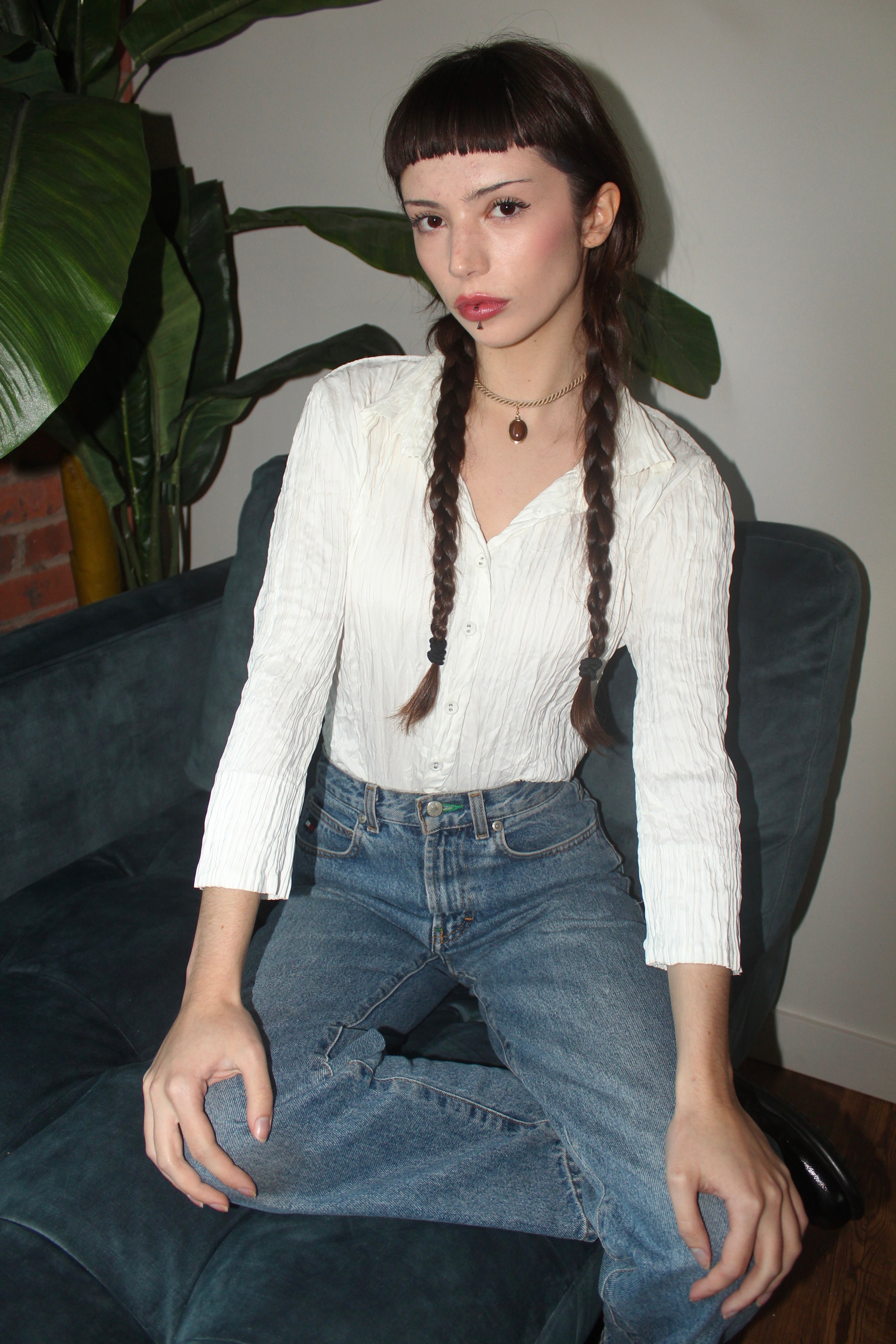 Vintage 90s Ivory Crinkle Button Up (S-M)