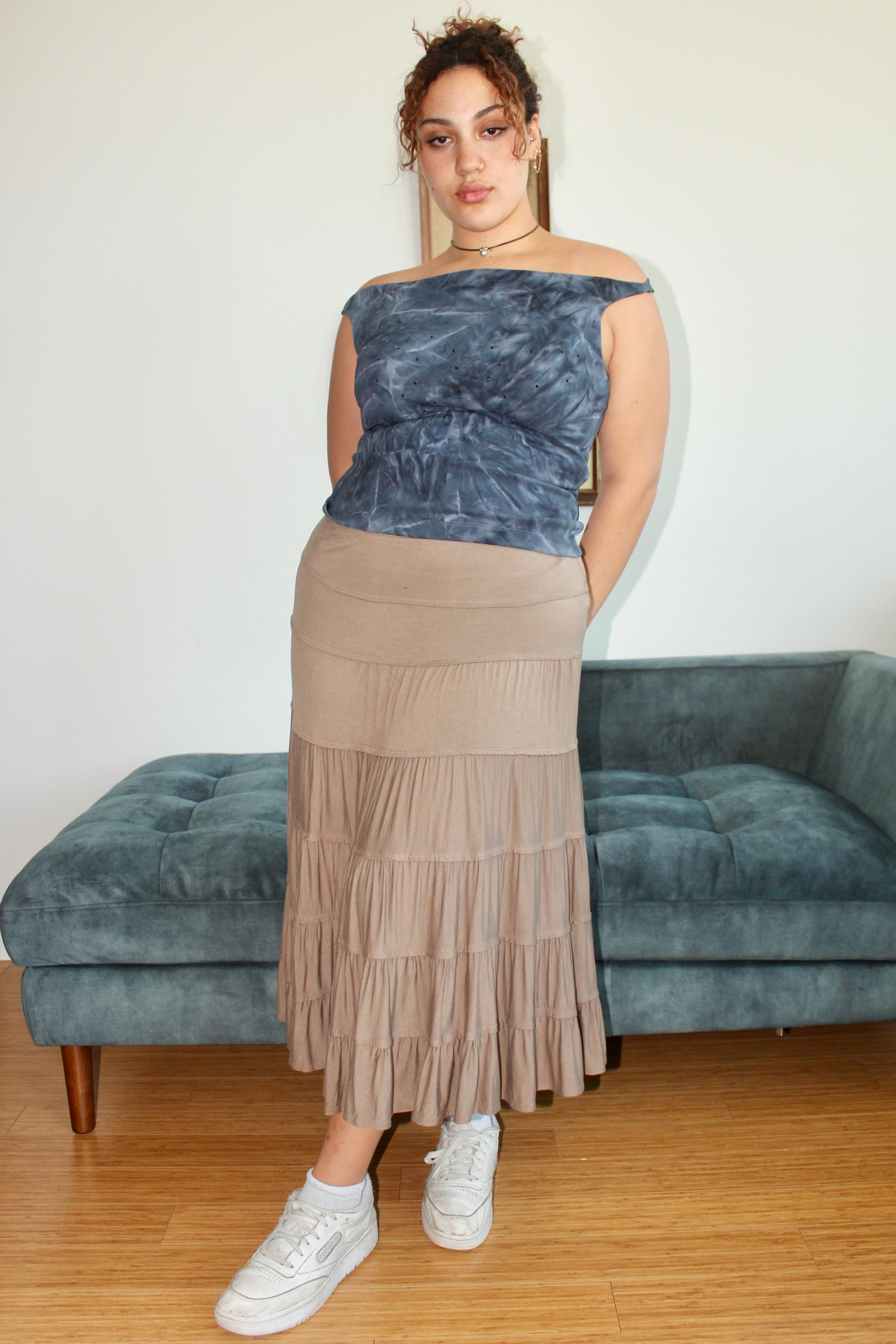 Vintage Taupe Tierred Midi Skirt (L)