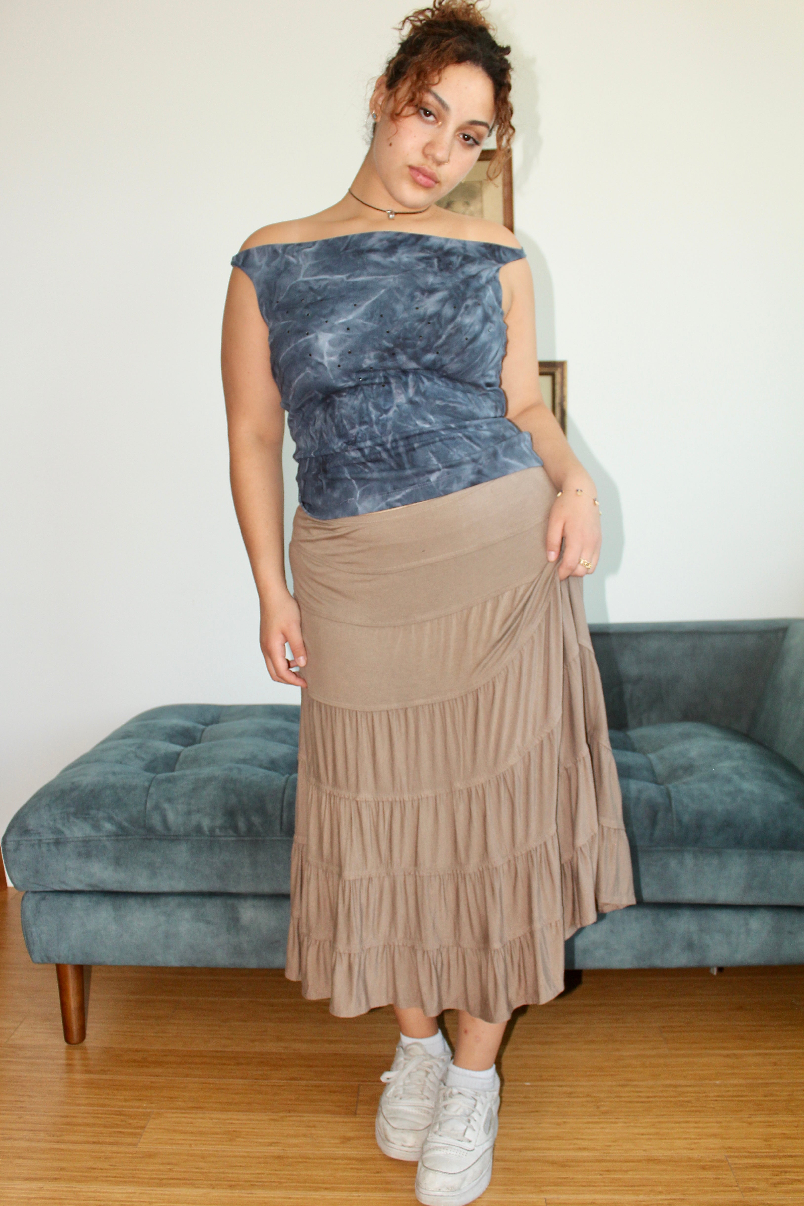 Vintage Taupe Tierred Midi Skirt (L)