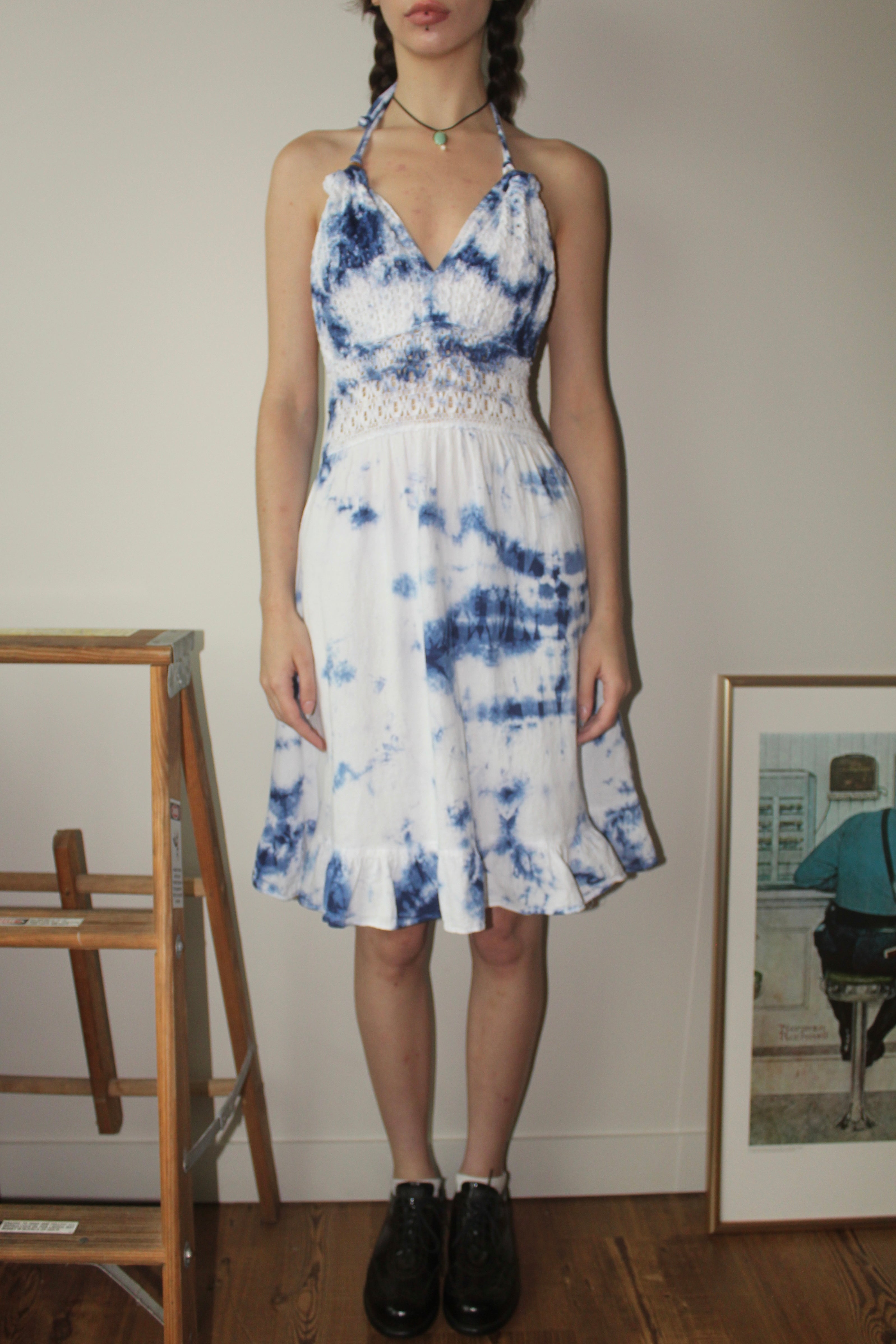 Vintage 90s Tie Dye Ruched Halter Dress (S) Vintage 90s Tie Dye Ruched Halter Dress (S)