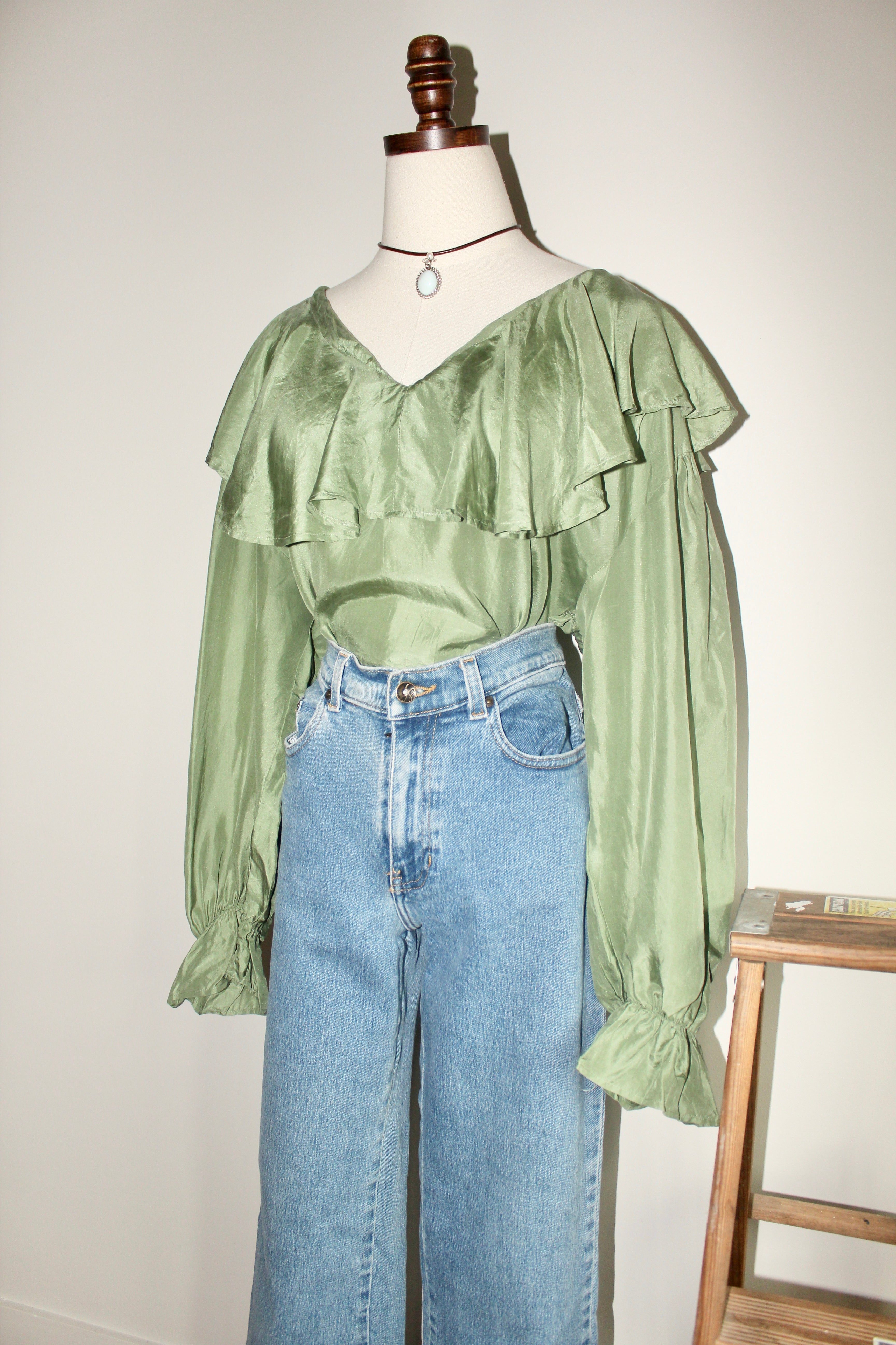 Vintage 90s Moss Green Prairie Silk Blouse (L)