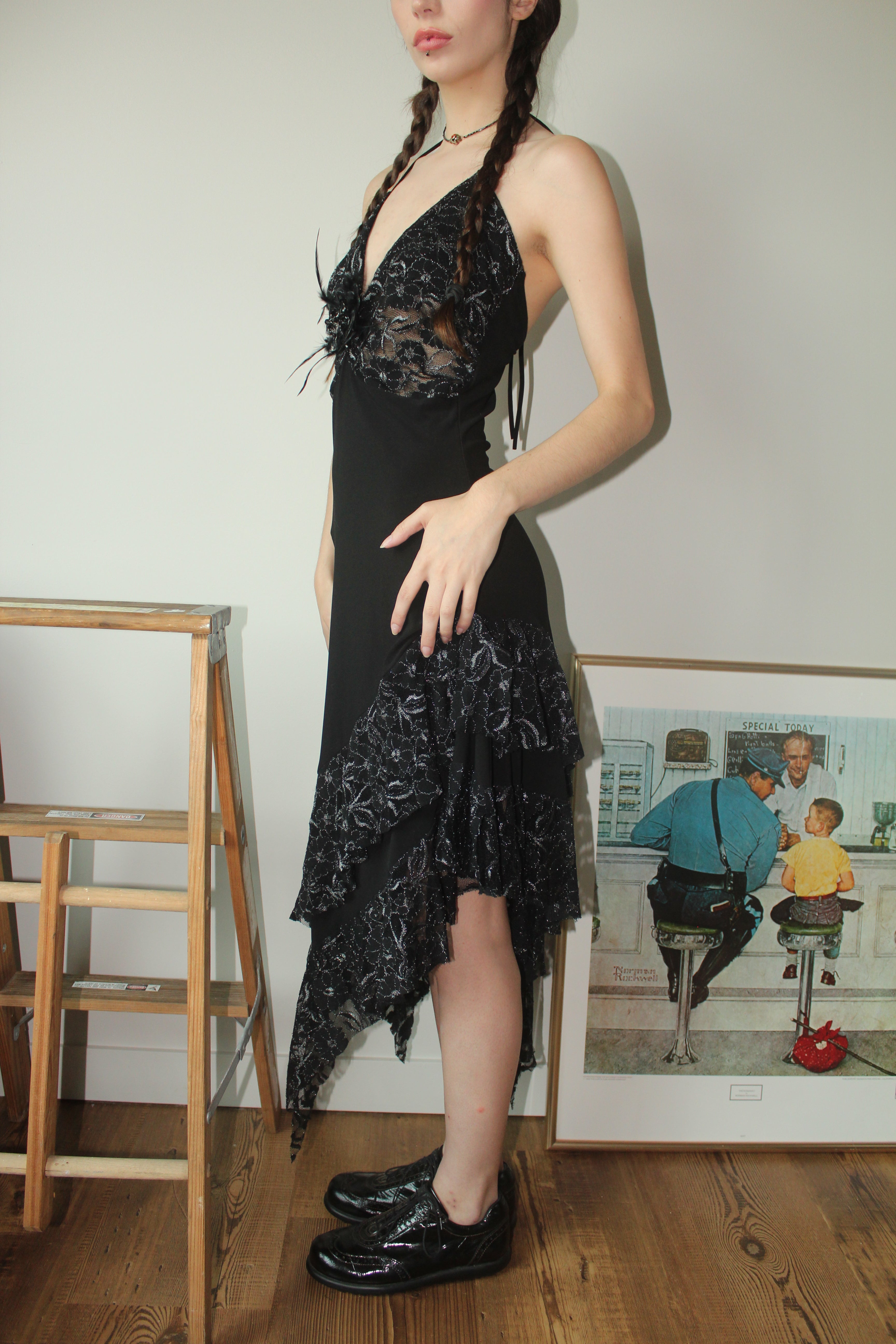 Vintage 90s Lace Asymmetrical Halter Dress (S-M)