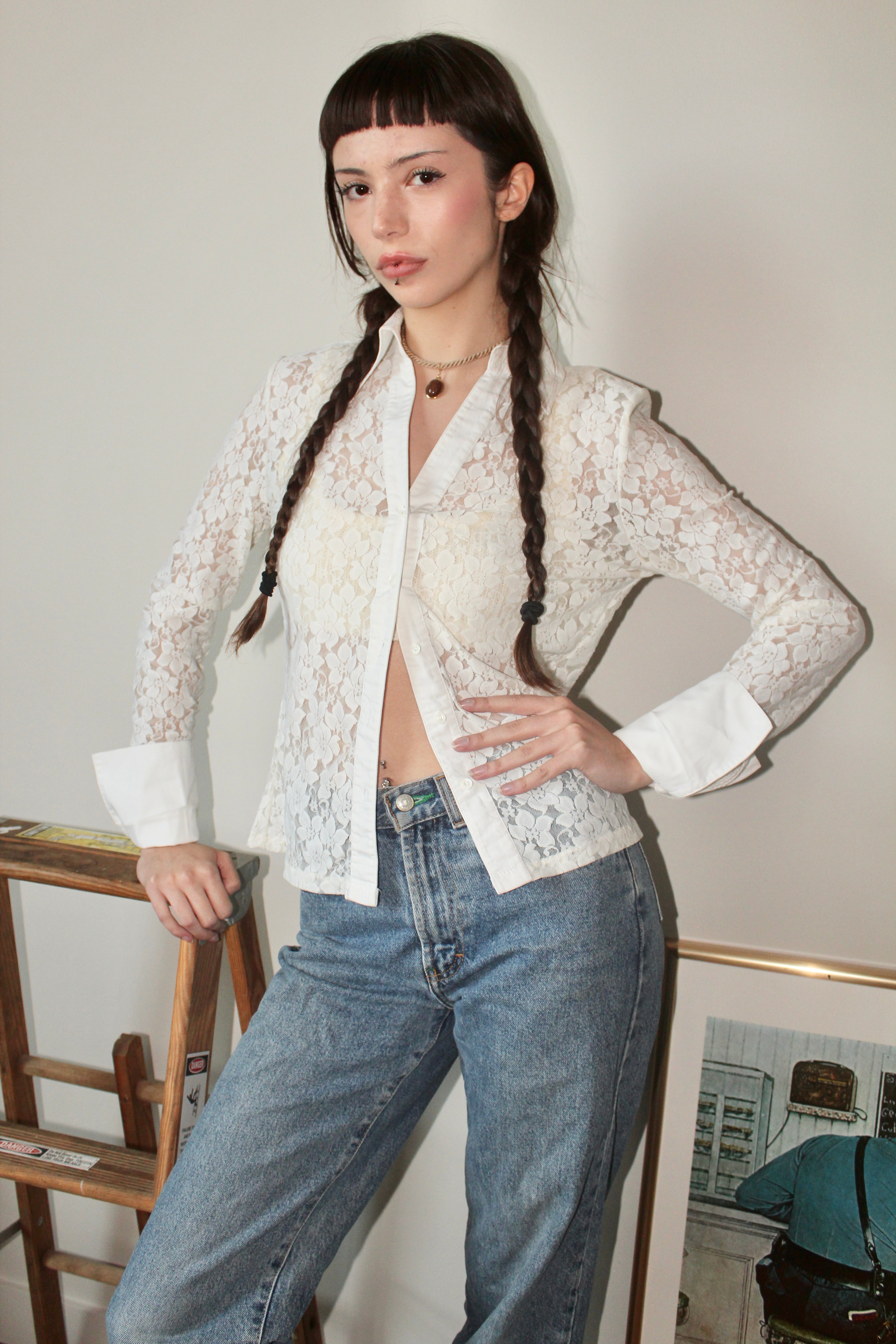Vintage 90s Sheer Lace Button Up (S)