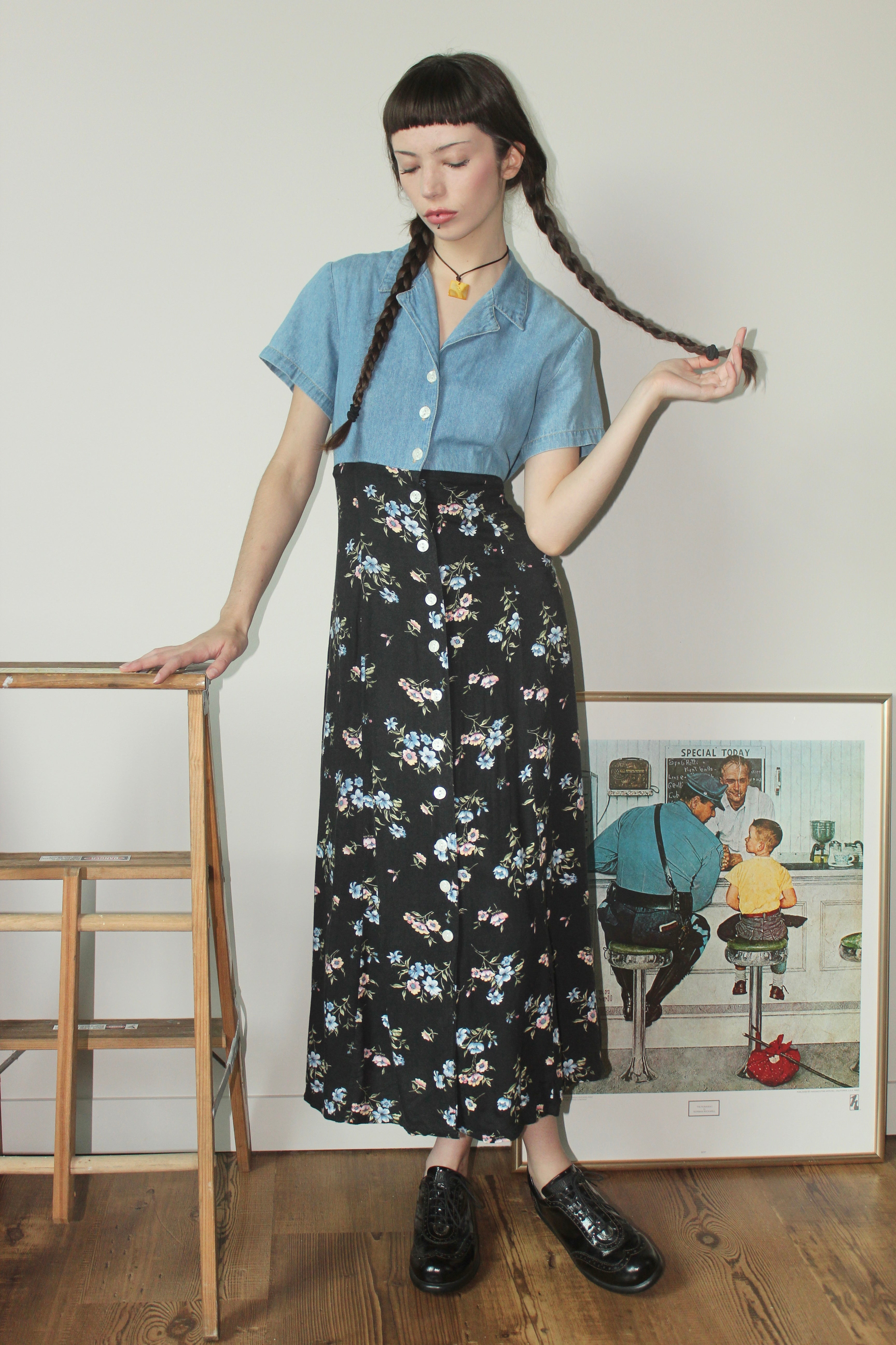 Vintage 90s Denim Floral Tie Back Midi Dress (S)
