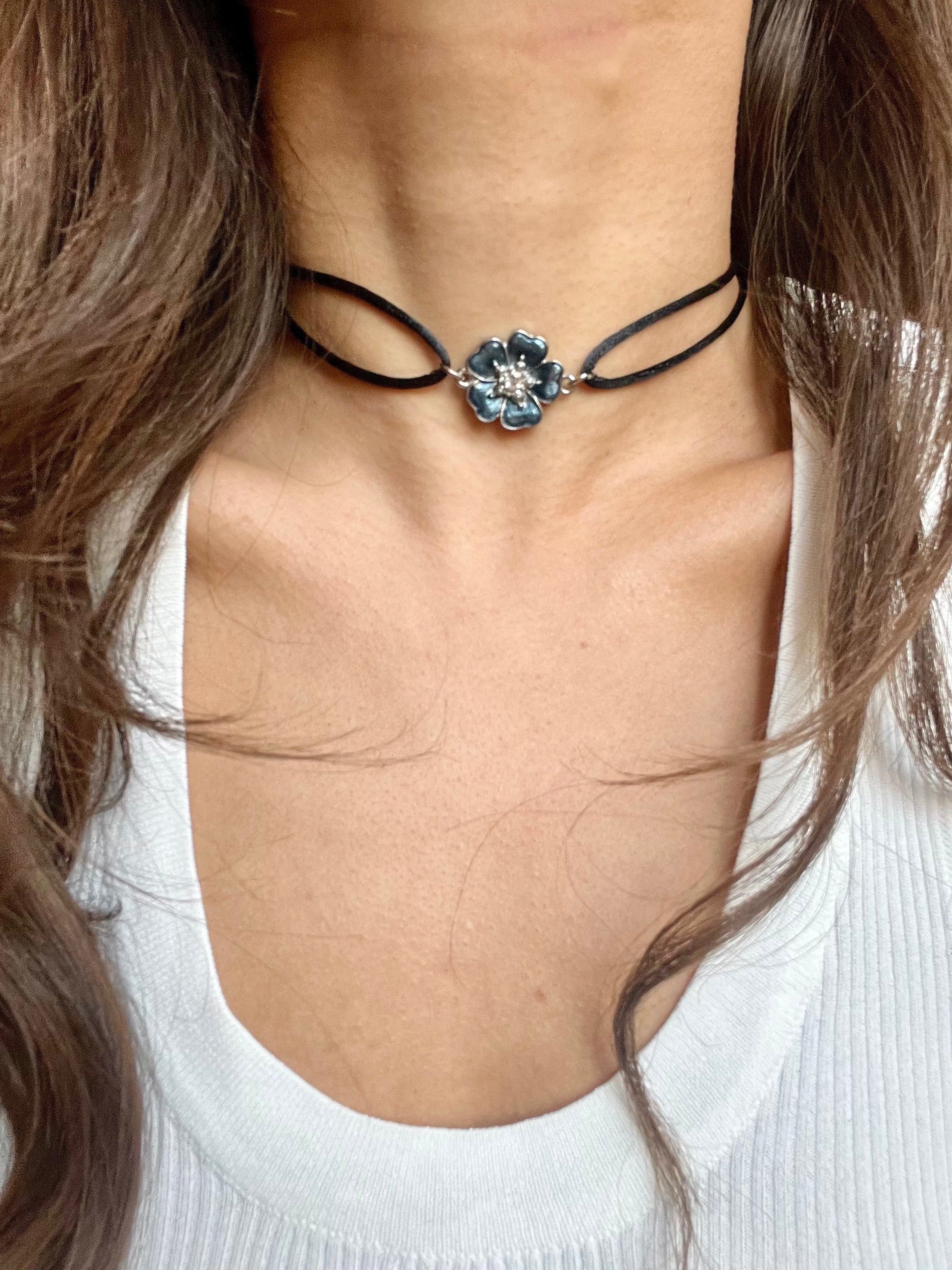 Indigo Blue Floral Charm Loop Choker