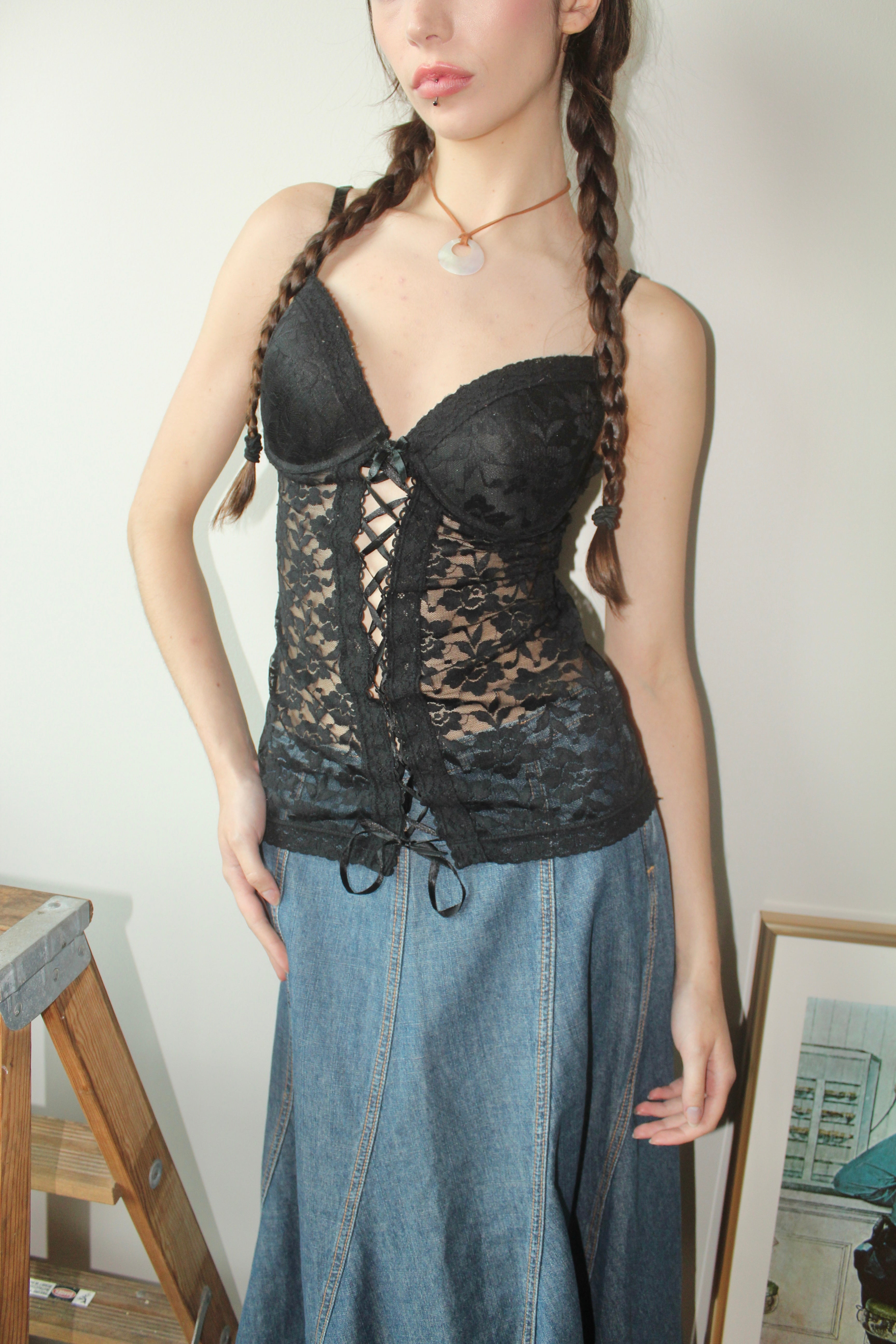 Vintage 90s Lace Up Sheer Bustier (S)