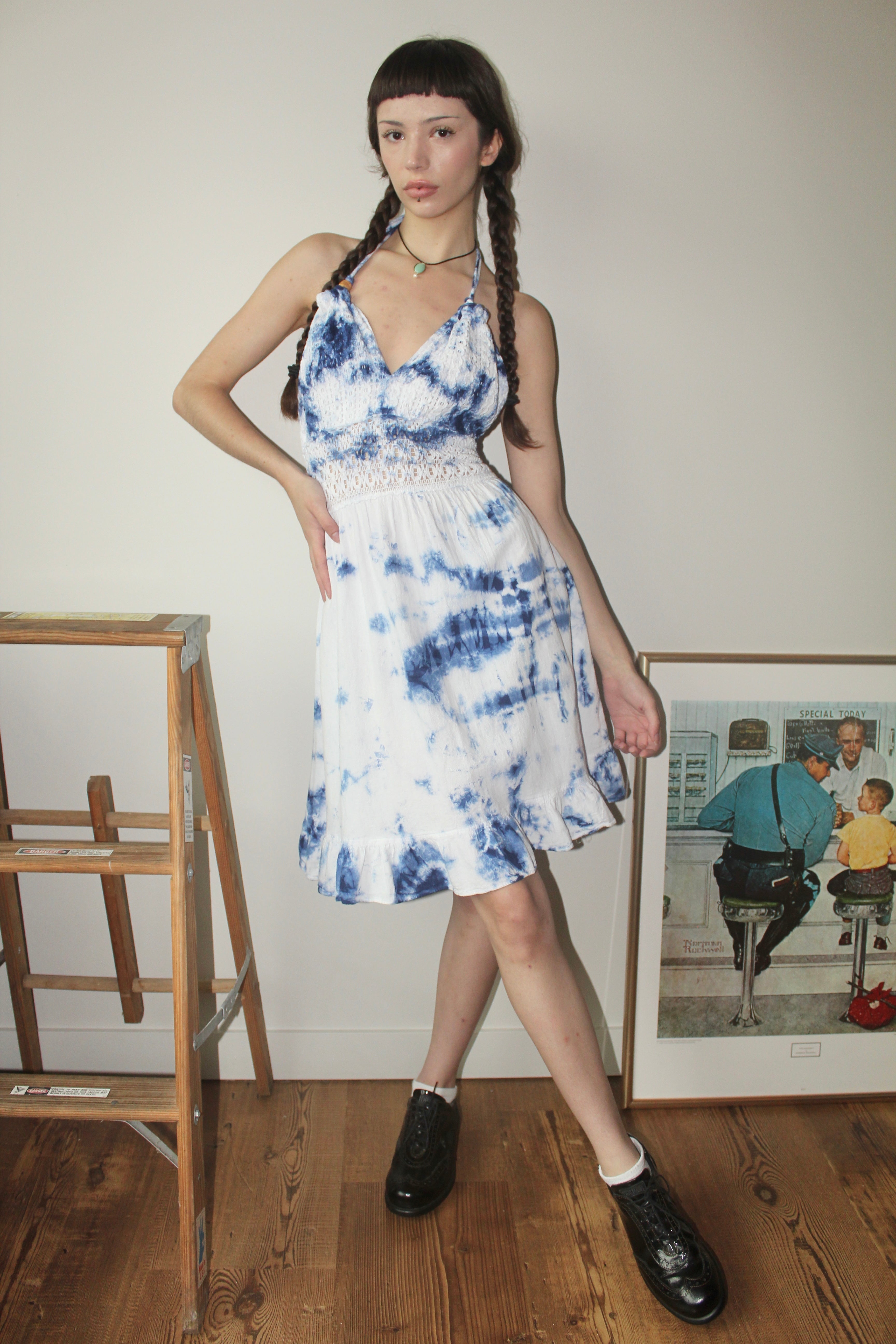 Vintage 90s Tie Dye Ruched Halter Dress (S) Vintage 90s Tie Dye Ruched Halter Dress (S)