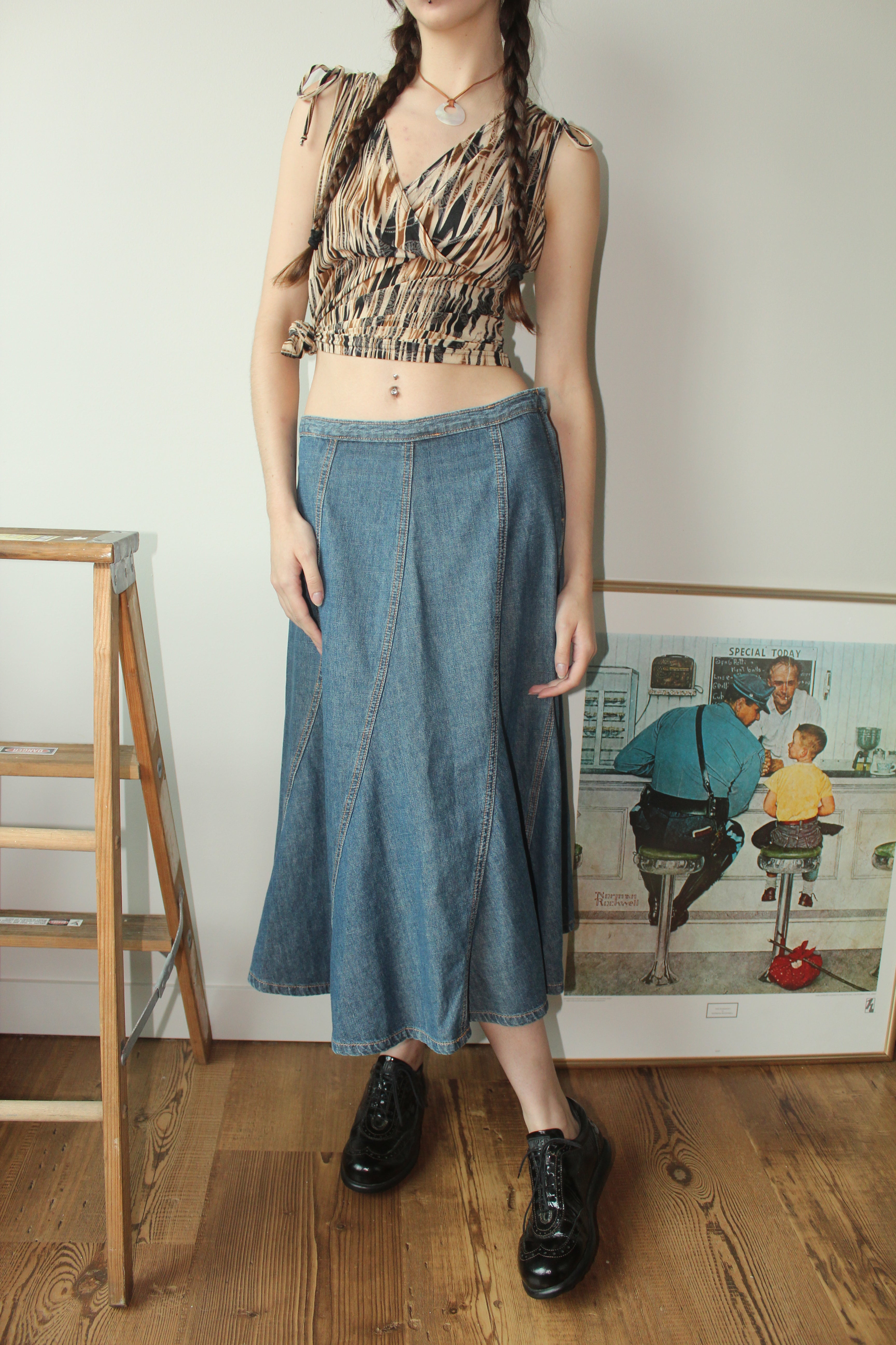 Vintage 90s Low Waist Denim Midi Skirt (S)