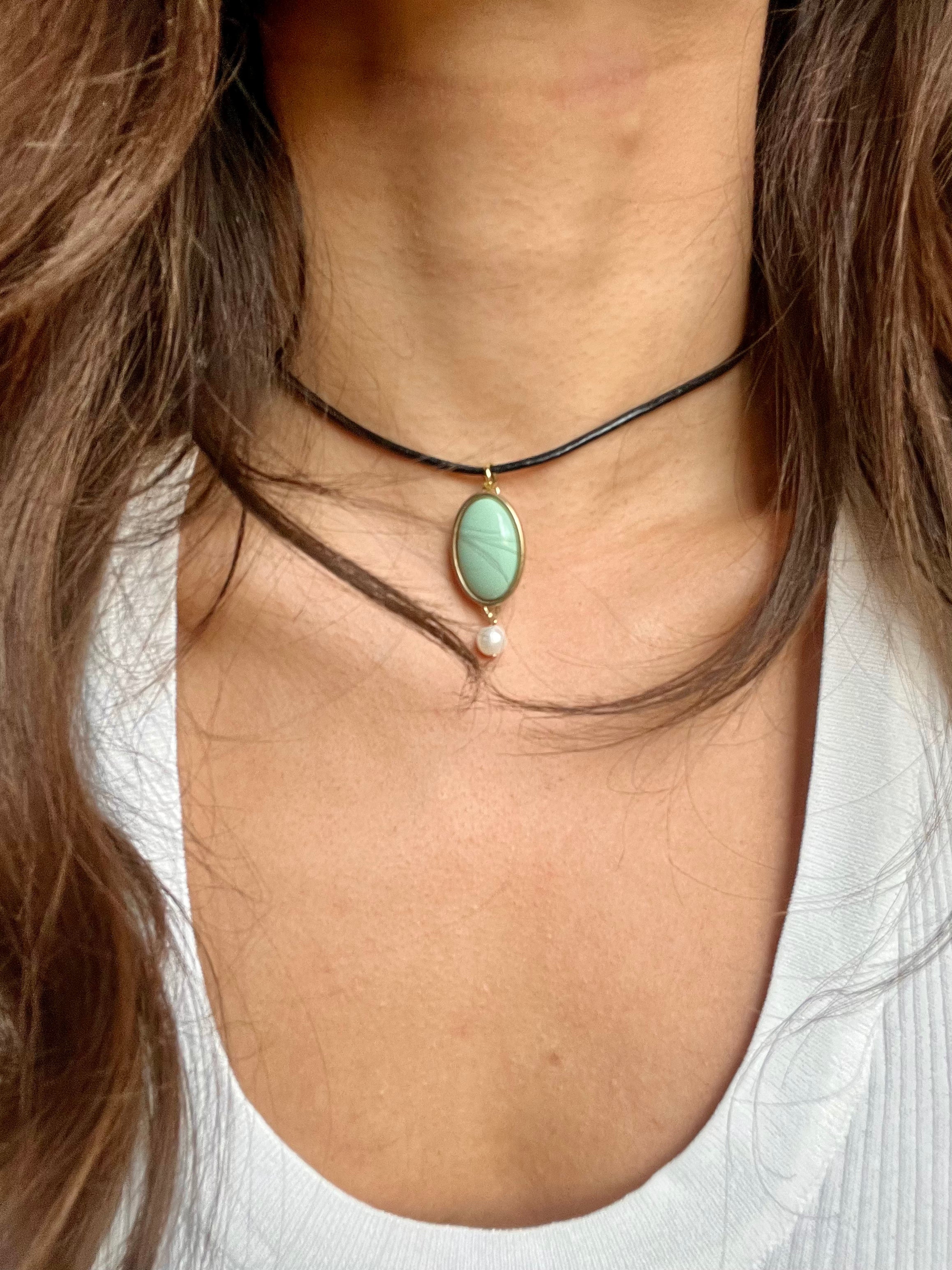 Turquoise Oval Pendant Leather Choker