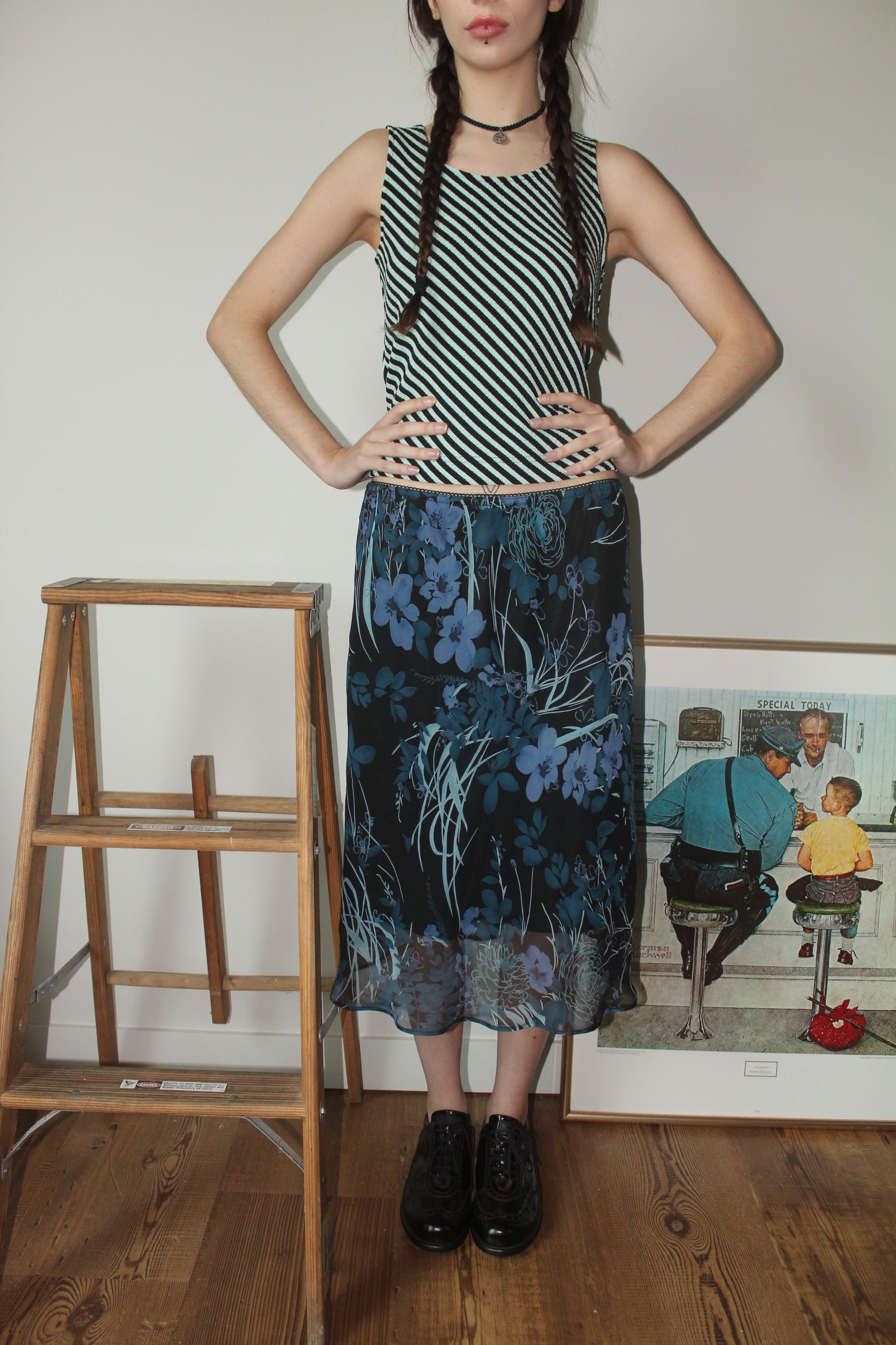 Vintage Floral Layered Midi Skirt (M)